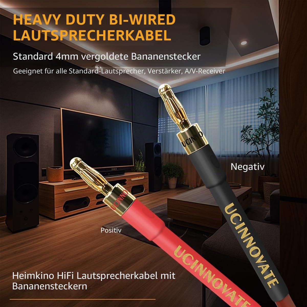 UCINNOVATE Lautsprecherkabel Mit Bananensteckern, 2 Stück, 3 M, 14 Gauge, Vergoldete Anschlüsse für Heimkino, HiFi- und Heim-Audio, OFC-Kabel für Amp
