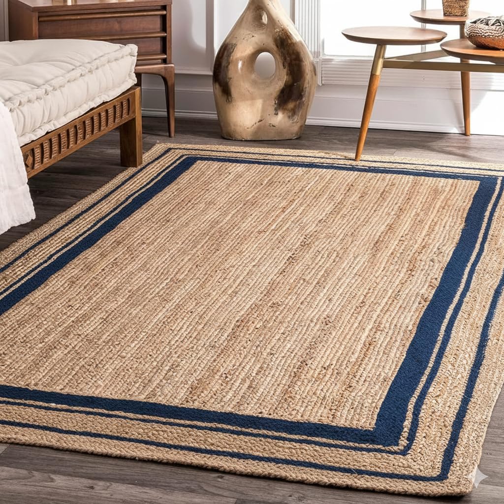 Tapis de sol en jute naturelle tressé à la main avec cadre bleu marine, tapis de table centrale, 1,5 x 2,4 m