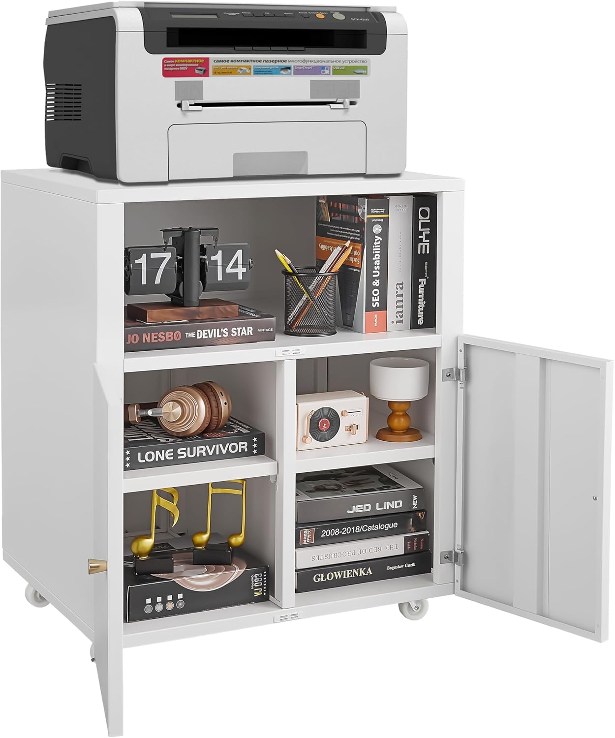 Mobile Metal Printer Stand with Storage 3 Layer Copier Printer Cabinet with 2 Doors Fridge Stand with Open Adjustable Shelf for Letter/Legal/A4 Size Files Rolling Cart for Small Space Office White