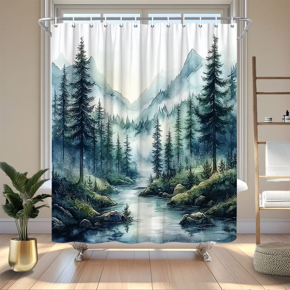 Watercolor Mountain Forest Shower Curtain Nature Landscape with River and Pine Trees Blue Green Teal Misty Forest Outdoor Country Scenery 78" Wx70 H Polyester Fabric Bath Decor Curtain