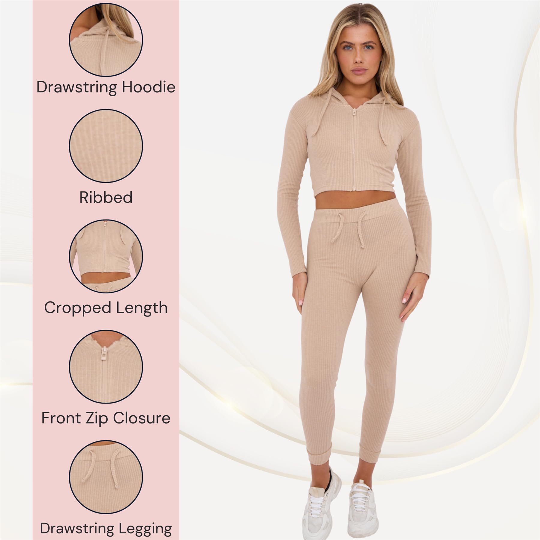 Geripptes Co-ord-Set für Damen, lässige Loungewear-Sets für Damen, mit Reißverschluss und hoher Kordelzug an der Taille, Leggings, Fitnessstudio-Set, Damen-Trainingsanzüge zum Laufen,