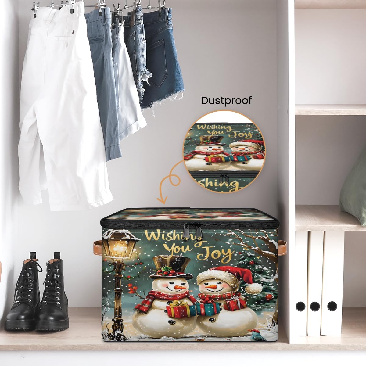 Storage Bin Set of 2 Winter Snowmen Storage Basket with Zipper Lid & Handle Foldable Closet Shelf 2 Pack Cloth Organizer Basket Cube Bins for Bedroom, Nursery