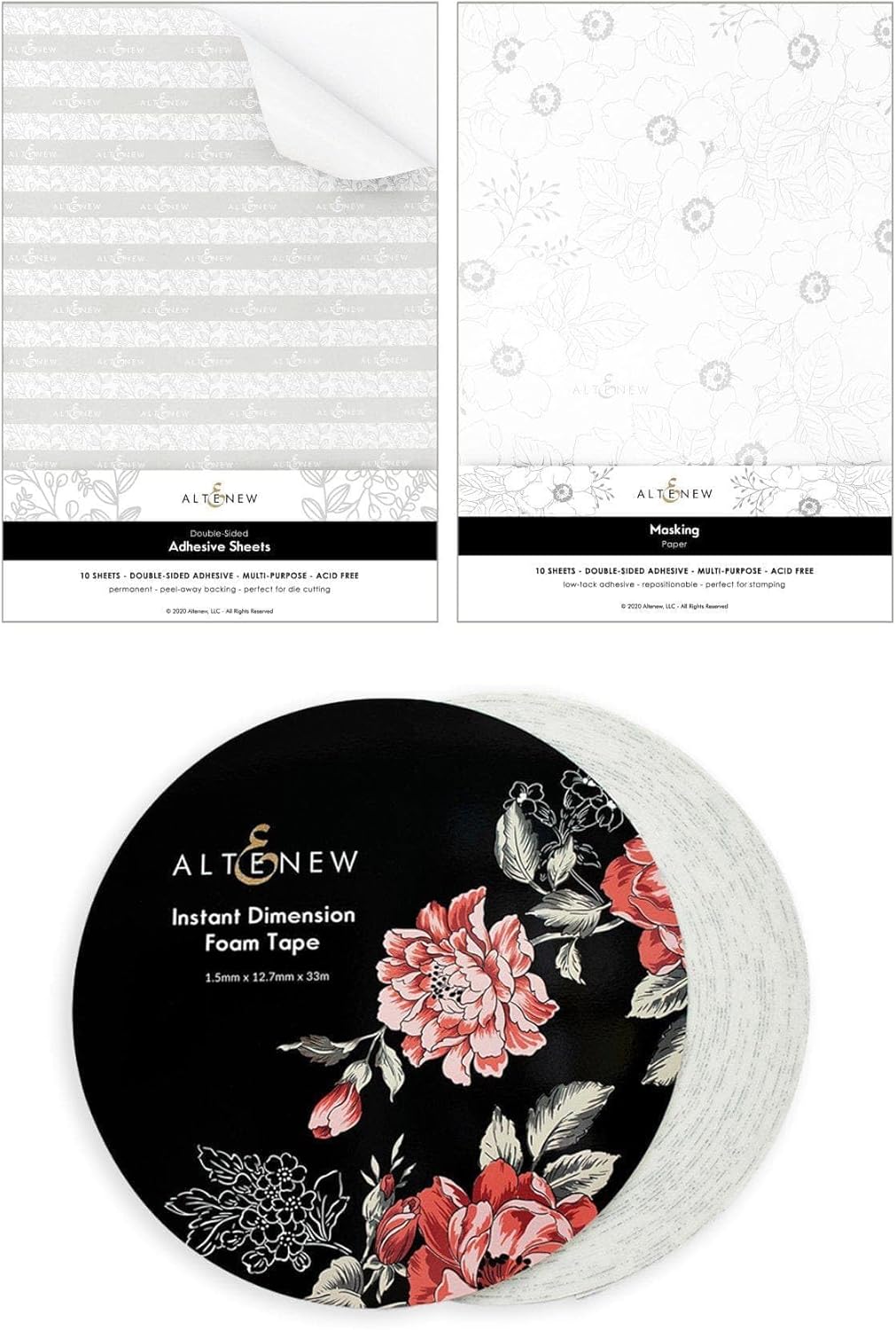 Altenew Sticky Essentials Bundle: Instant Dimension Foam Tape, Masking Paper, & Adhesive Sheets for Paper Crafting and DIY Projects