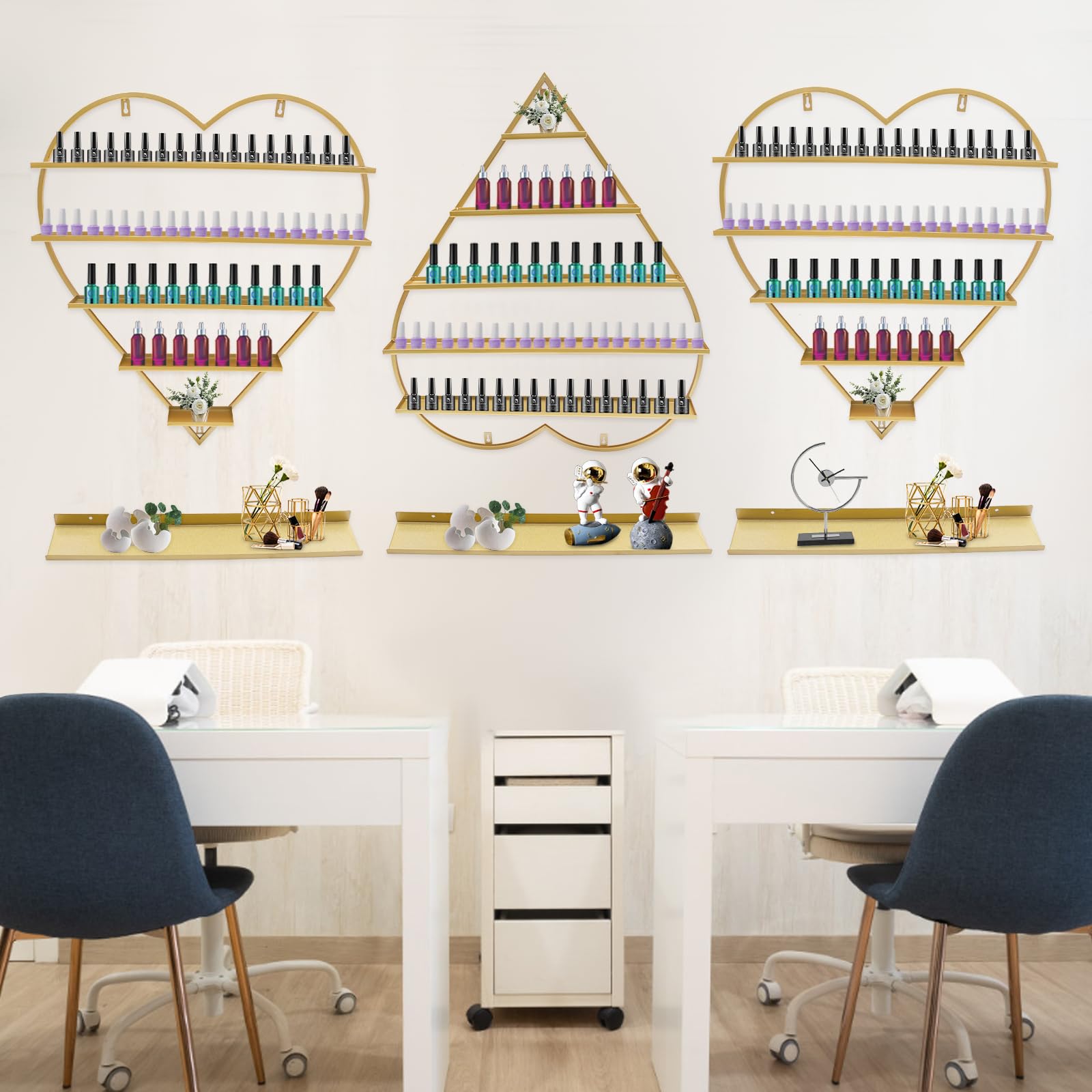 LEYSRIS Wall-Mounted Nail Polish Rack, Set of 6 Heart-Shaped Gold Nail Polish Shelf Lipstick Perfume Cosmetic Display Shelf for Home Spa Nail Salon