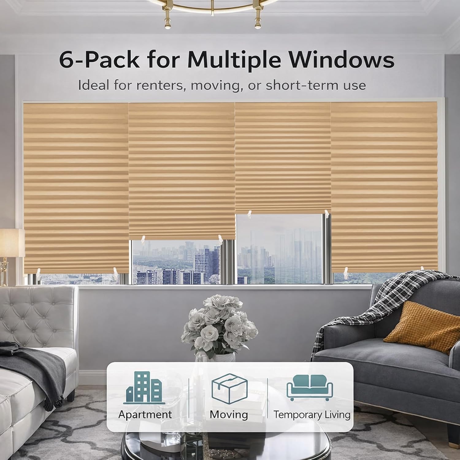 Changshade 6 Pack Temporary Shades, Pleated Paper Blinds for Indoor Windows Cut to Size Adhesive Paper Shades No Tools No Drilling for Office, Bedroom, Living Room,48" W x 72" H,Brown Brown 48"W x 72"H- 6PC