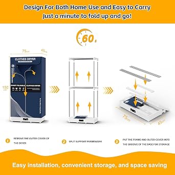 Clothes Dryer, Portable Foldable Drying Machine with Timer, Easy Carry Laundry Drying Wardrobe with Large Capacity, Electric Dryer/Rack for Home | Appartments | RV (Blue) [Energy Class A]