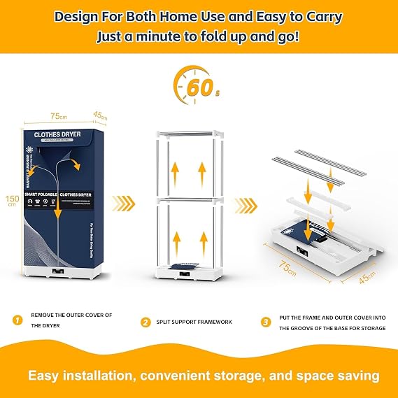 Clothes Dryer, Portable Foldable Drying Machine with Timer, Easy Carry Laundry Drying Wardrobe with Large Capacity, Electric Dryer/Rack for Home | Appartments | RV (Blue) [Energy Class A]