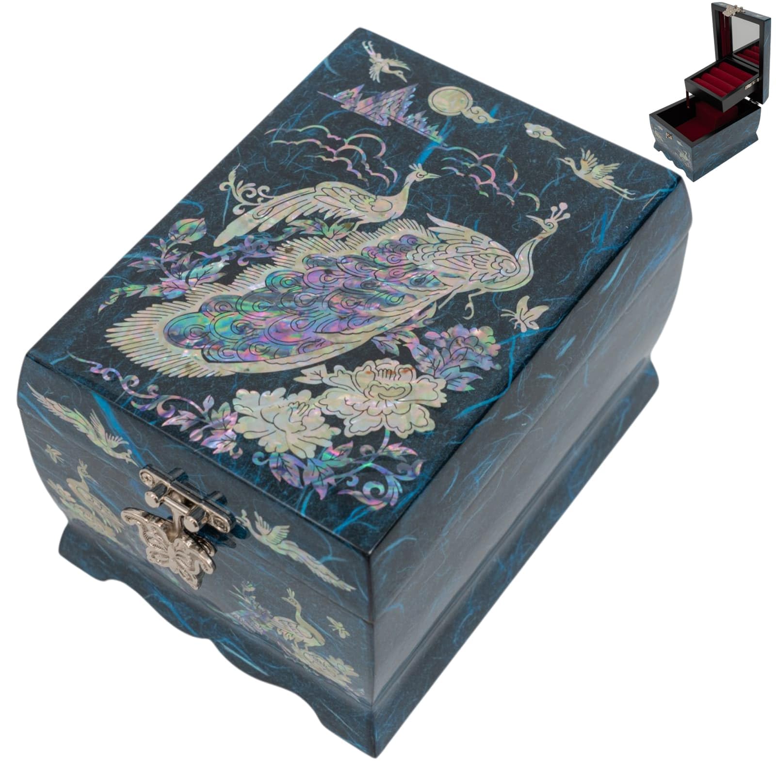 February Mountain Joyero musical de madreperla con espejo y soporte para anillos, caja de música, organizador de joyas tocando melodía Arirang, caja de joyería de pavo real, regalo para mujeres
