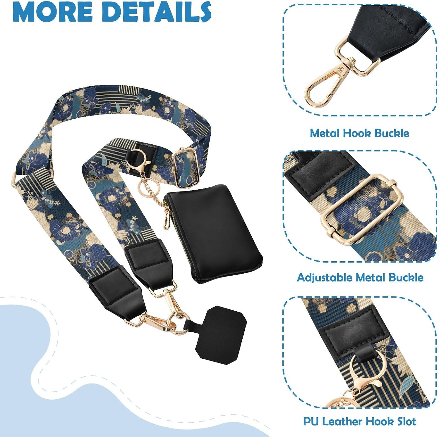 Phone Lanyard Blue and Gold Retro Flowers Phone Patches | Adjustable Neck Strap with Wallet, Gift, Gift