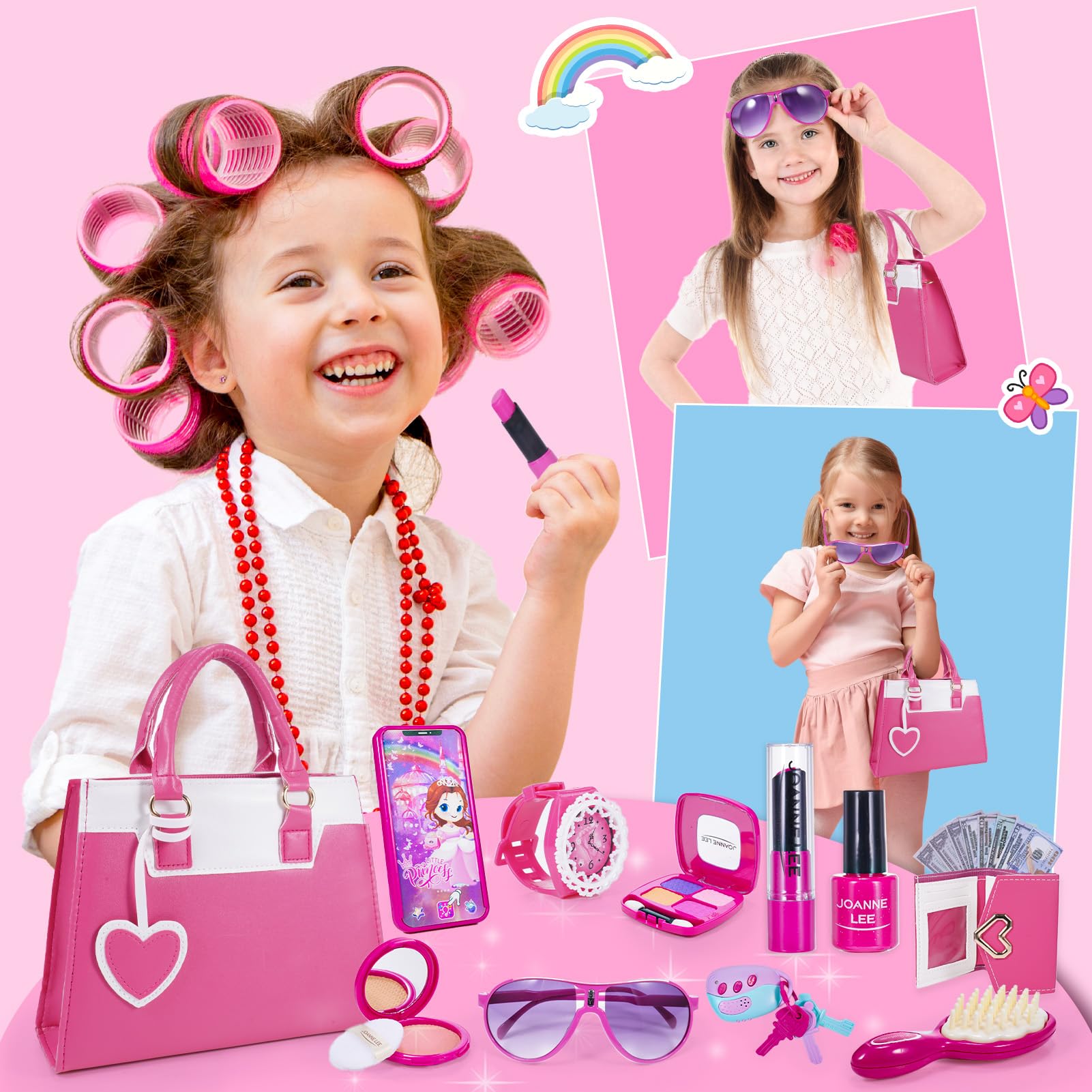 Spielzeug Ab 3 Jahre Mädchen Geschenk 3-12 Jahre, Pretend Play Kinderschminke Set Enthalten Handtasche, Wallet, Vorgeben Spielen Phone, Car Keyfob Schlüssel und Mehr