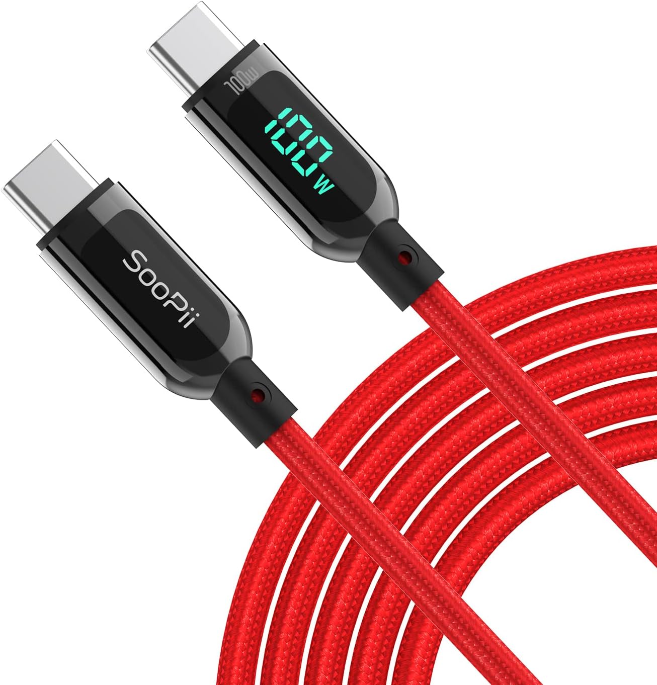 SOOPII 100W 10ft USB C to USB C Cable Fast Charge, Nylon Braided Cable with LED Display for lPhone 15/15 Pro/15 Plus/15 Pro Max,lPad Air,MacBook Pro,Galaxy S24/S23, Pixel, LG (Red)