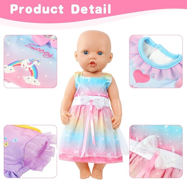 Aolso Vestiti per Bambole per New Born Baby Doll, Abito per Bambolotti 35-45CM, Vestito Stampa con Cappello, Regali per Ragazze, Bambini, Confezione da 4 Serie Unicorno (Bambola Non Inclusa) - 5