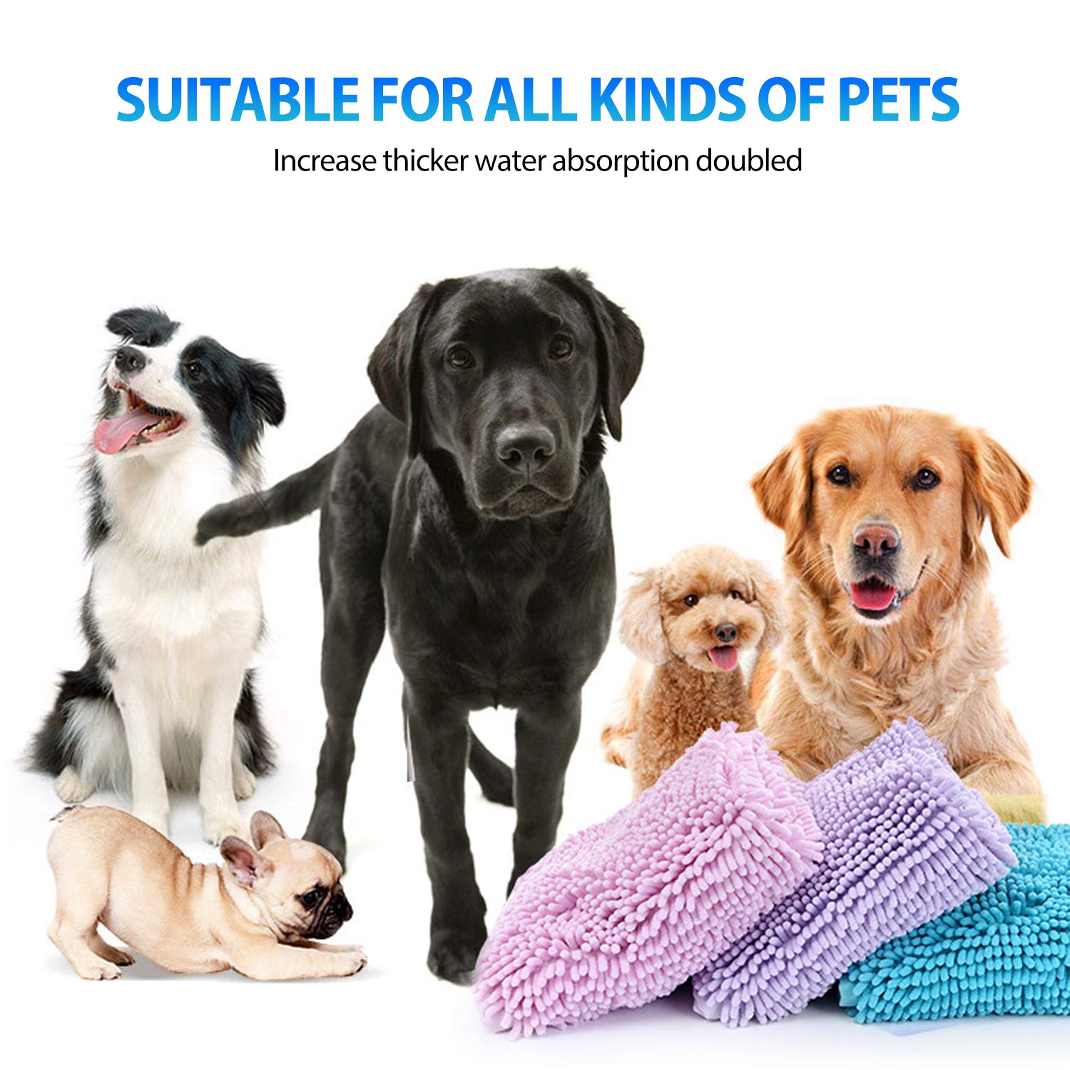 PETCUTE Toalla Ultra Absorbente para Perro Toalla de Microfibra para Mascotas con Bolsillos de Mano para Limpieza de Baño de Perro o Gato(Cian L-35x80cm)
