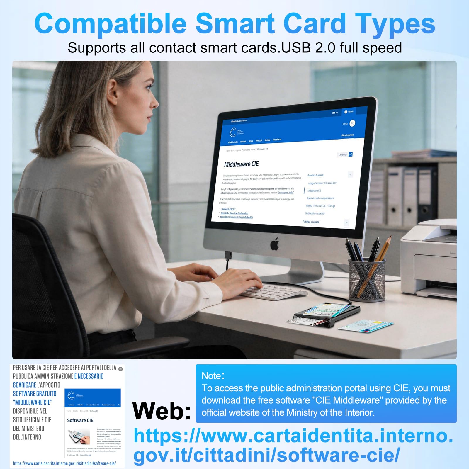 USB Lettore CIE 3.0 Carta d'identità Elettronica e Tessera Sanitaria Italiana,Lettore Smart Card Firma Digitale Lettore NFC Lettore Smart contatto e contactless CIE/CRS/CNS per PC Windows 10 11 Linux
