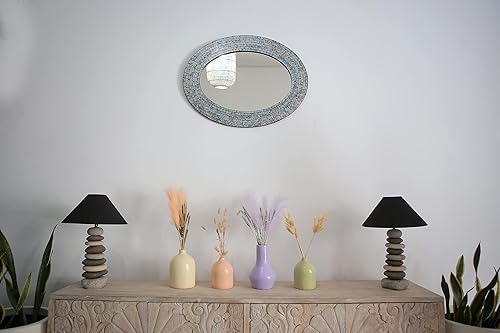 Miniatura 6 de Zorigs Espejo decorativo para pared  Espejo de pared decorativo hecho a mano plateado azul Sharpie y marrón espejo ovalado de 32 x 24 pulgadas para