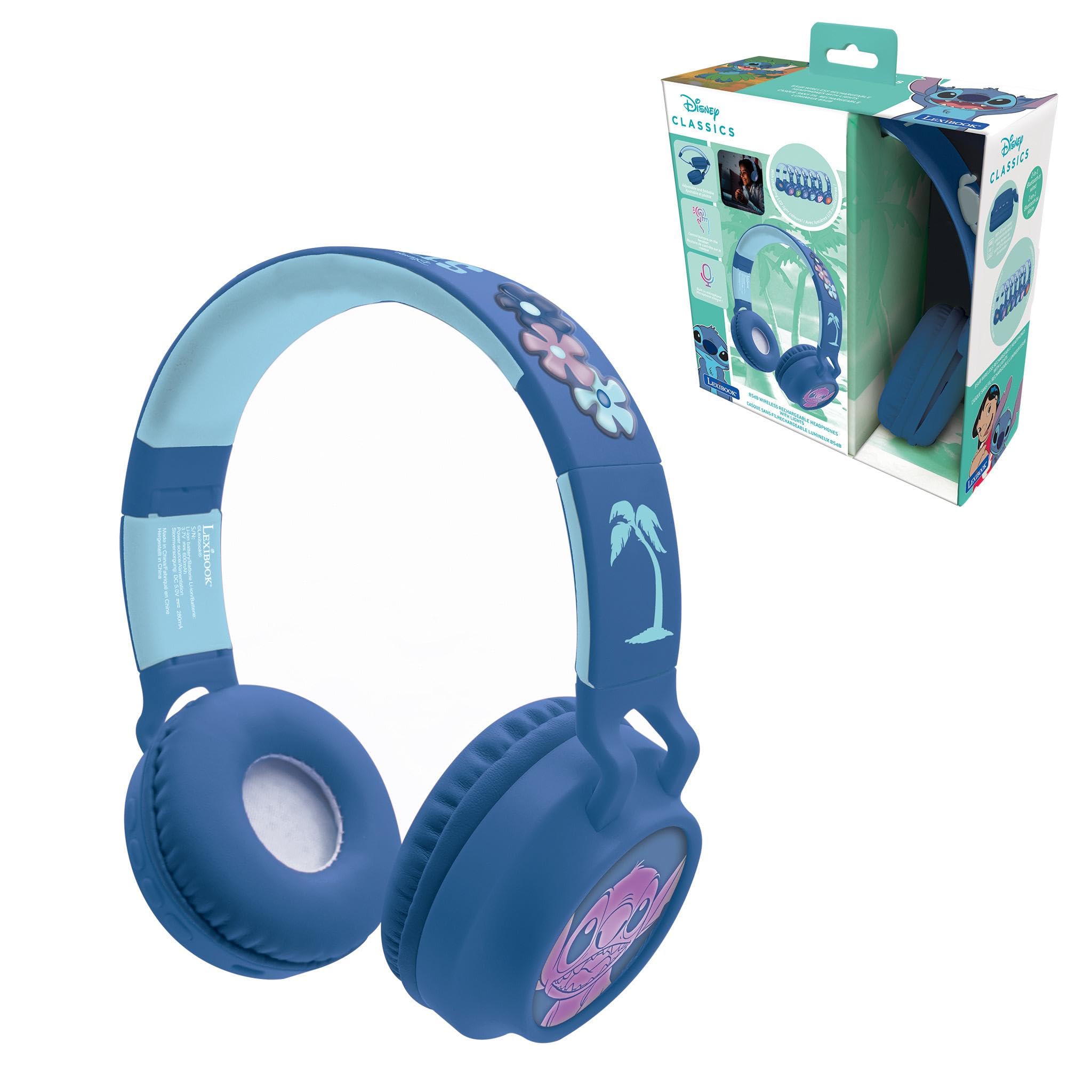 LEXIBOOK, Disney Stitch, Wireless and wired 2-in-1 headset with Stitch details and light effects, sound limited to 85 dB, foldable, adjustable, rechargeable, HPBT015DLXB