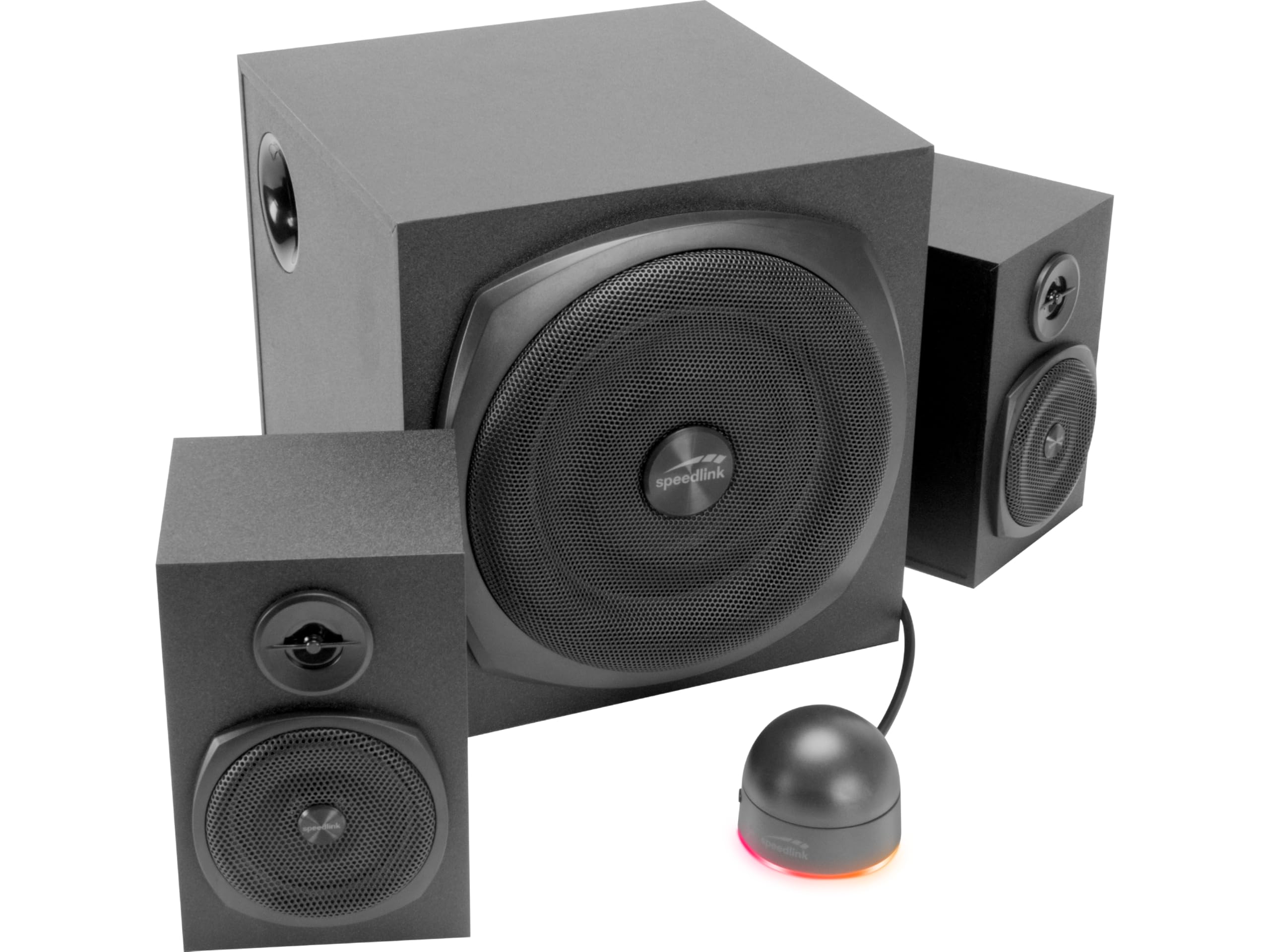 Speedlink GRAVITY LT głośniki komputerowe 2.1 z Bluetooth - z drewnianym subwooferem, aktywny system głośników 80 W, gniazdo AUX 3,5 mm, pilot biurkowy RGB, czarny
