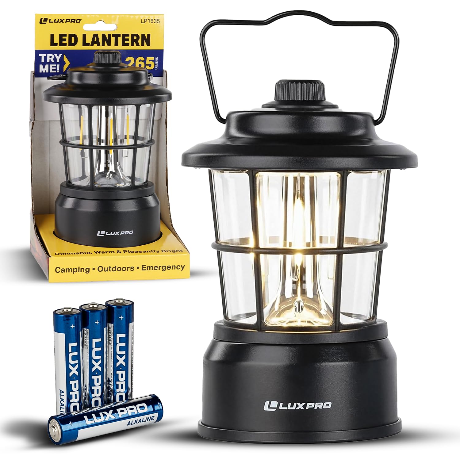 LUXPRO Retro LED Lantern - Battery-Powered Emergency Lantern - Water Resistant - Bright LED Lamp for Indoor & Outdoor Use - Use for Tents, Hiking or Hurricane Prep (Black, Pack of 1)
