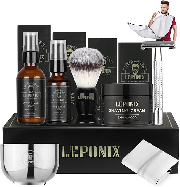 Shaving Kit for Men, Includes Sandalwood Shaving Cream, Mens After Shave Balm, Pre-Shave Oil,Shaving Brush and Bowl, Beard Bib, Aftershave Gift Set for Men Boyfriend Stocking Fillers