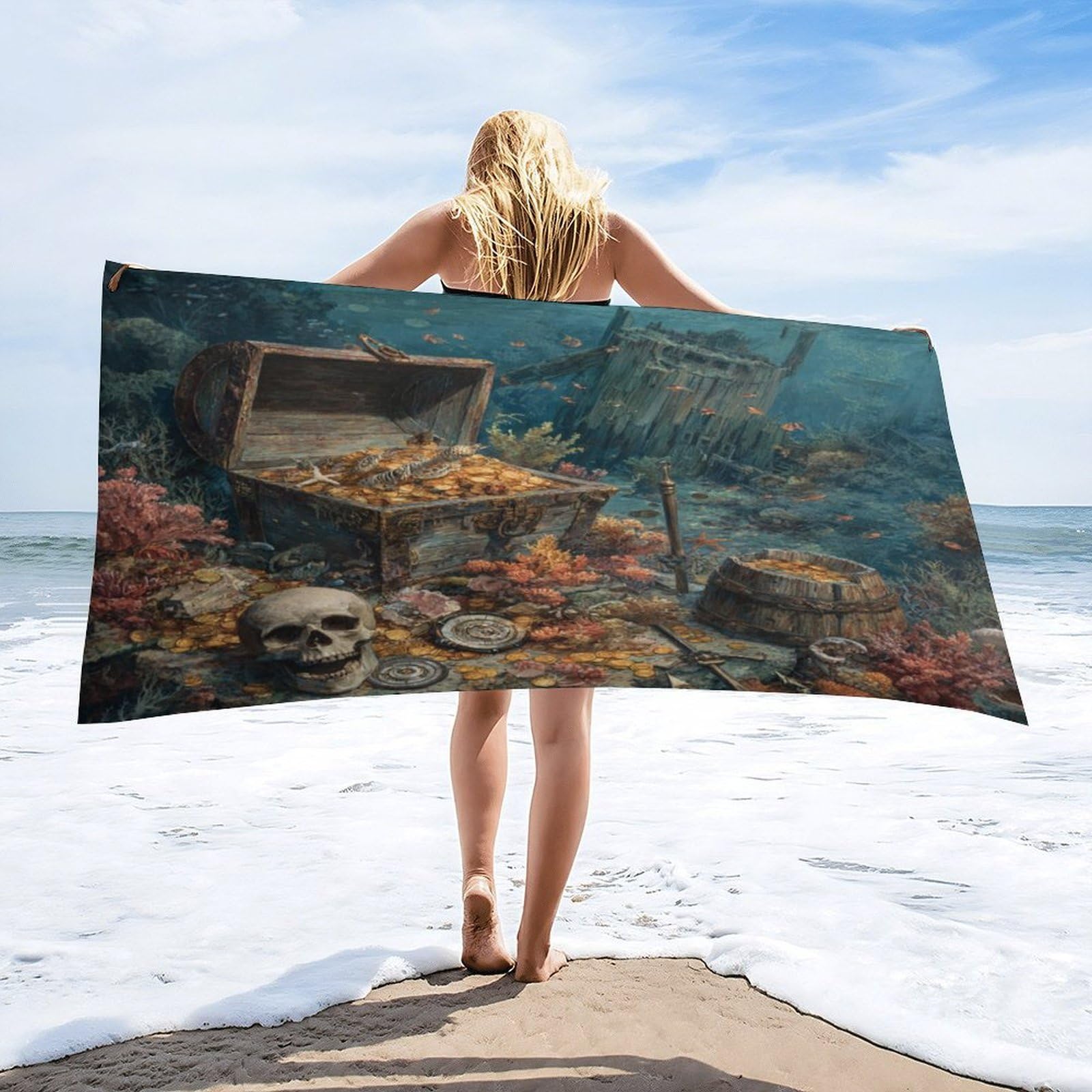 LUYYSKY Mysterious Rustic Pirate Ship Absorbent Beach Towel, Classic Abstract Nautical Underwater Treasure Shipwreck Skull Outdoor Single-Sided Velvet Beach Towel-80 W cm x 160" L cm