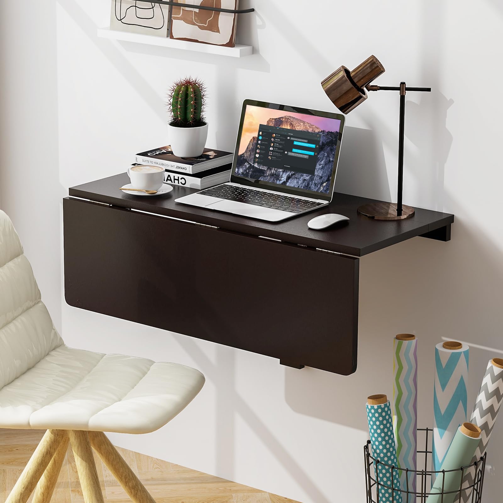 COSTWAY Tavolo Pieghevole a Muro, Tavolino Porta PC da Parete in Legno, Tavolo a Scomparsa Multifunzionale, Ideale per Soggiorno, Cucina e Studio, 80 x 60 x 45 cm (Marrone)