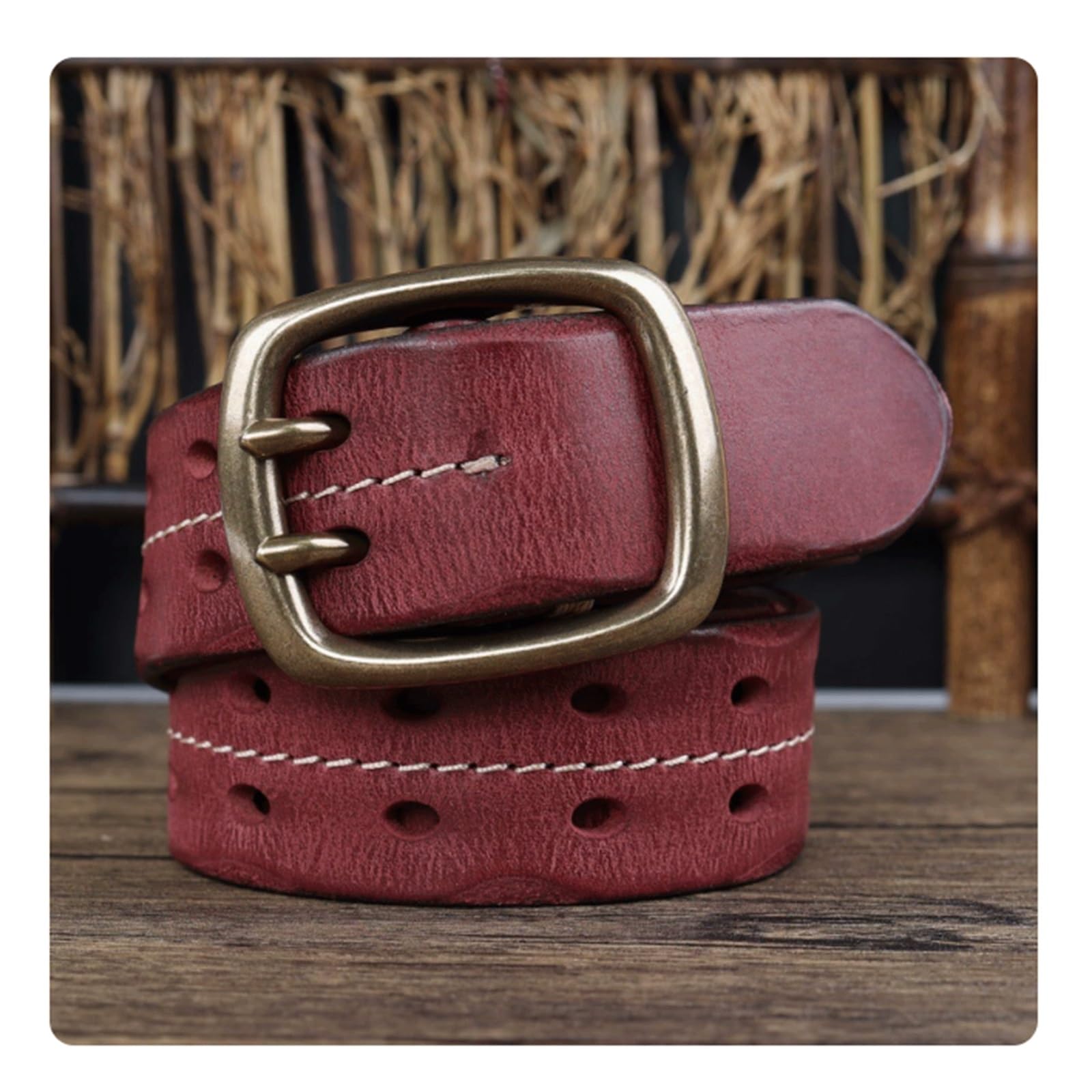 Krxsobnv Men's Dark Red Leather Belt, Thickened Edge Pressed Belts With Copper Pin Buckle Classic Belt (,120Cm)