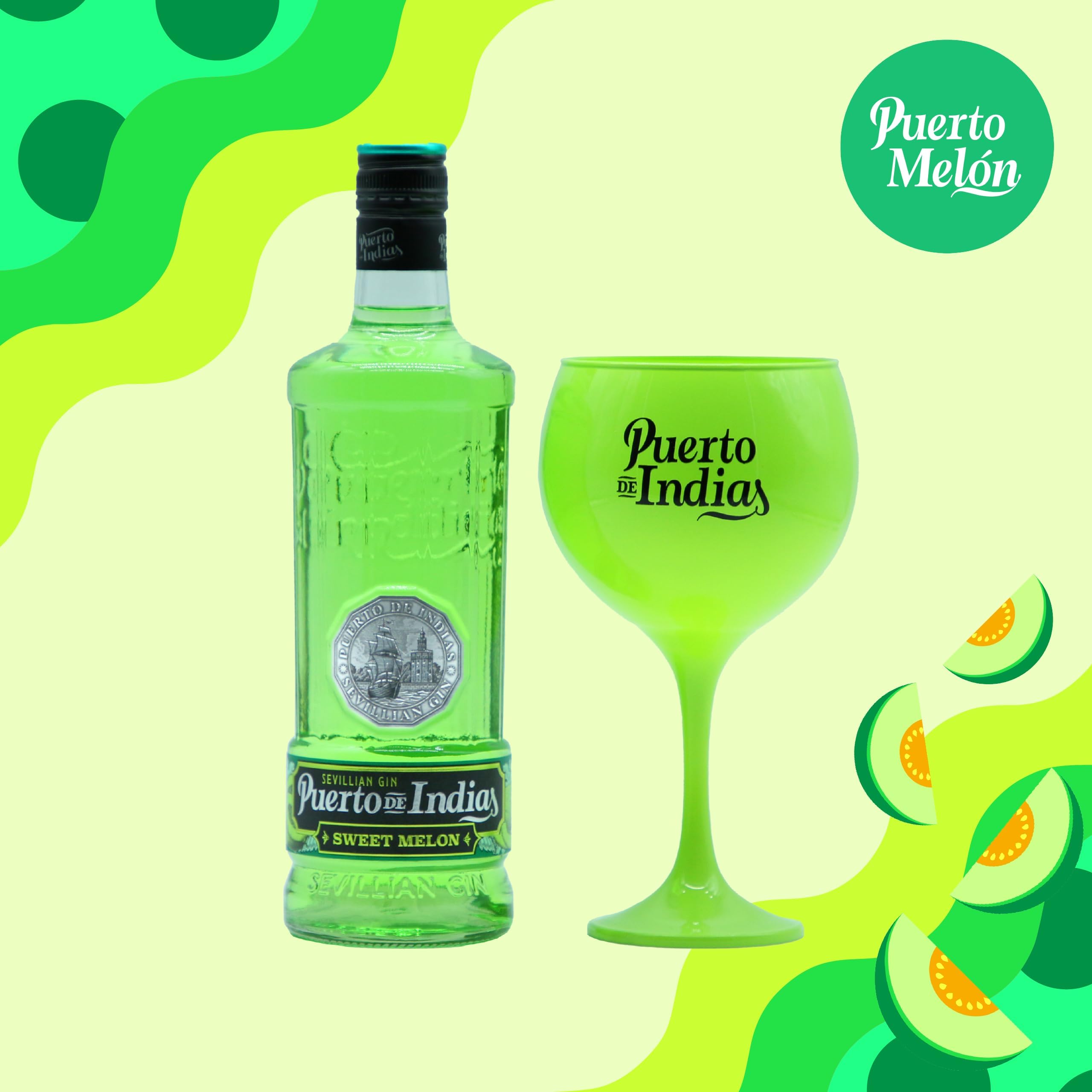Puerto de Indias – Pack Ginebra de Melon Premium + Copa de Cristal Verde de Regalo – Pack Sweet Melon Premium Gin – 70 cl – 37.5º