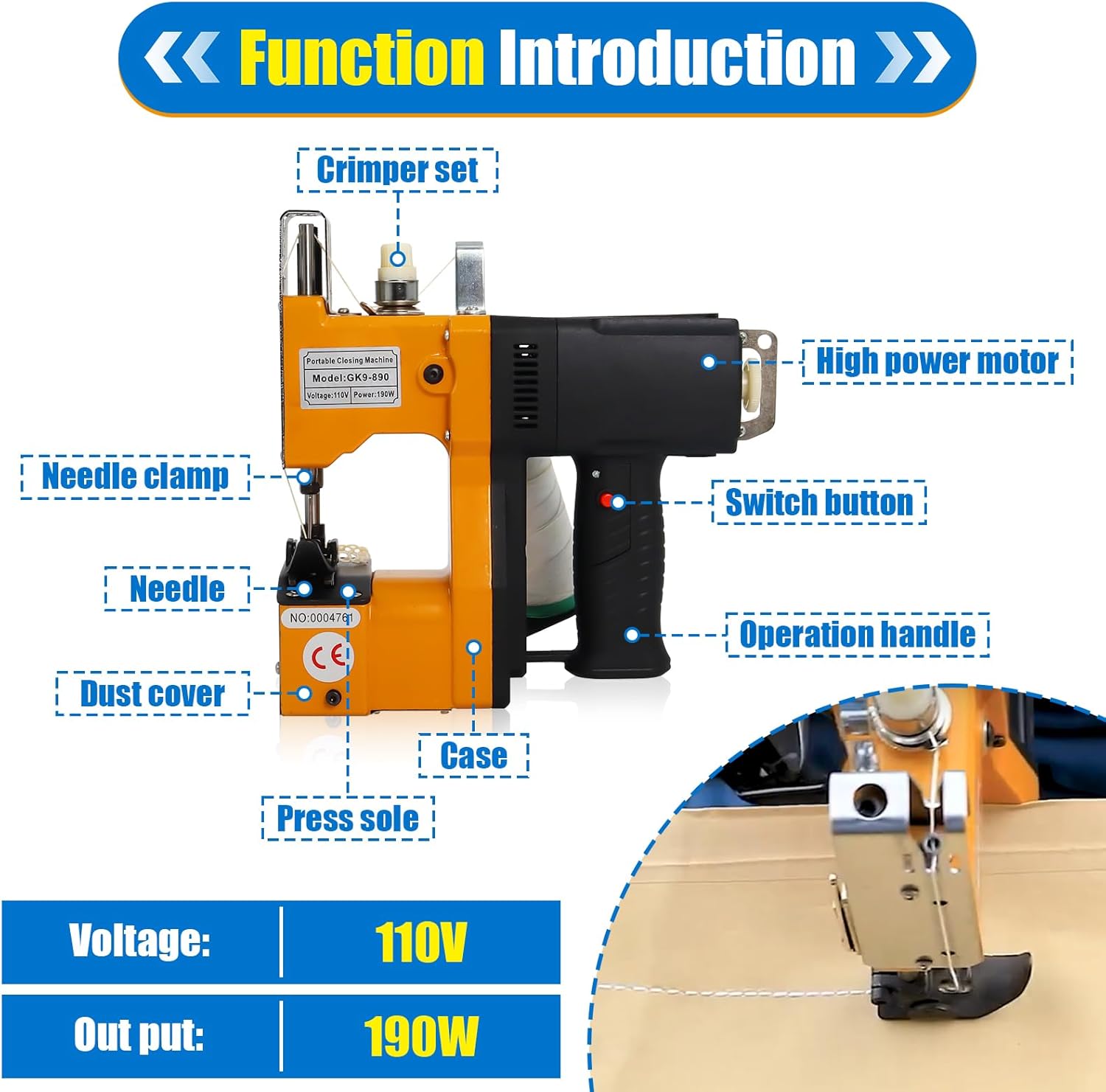 Gk9-890 Portable Bag Closer Machine, 2s/Bag 110V Industrial Electric Bag Closing Sewing Sealing Stitching Machine for Woven Snakeskin Paper Bag, 190W Handheld High Speed Machine