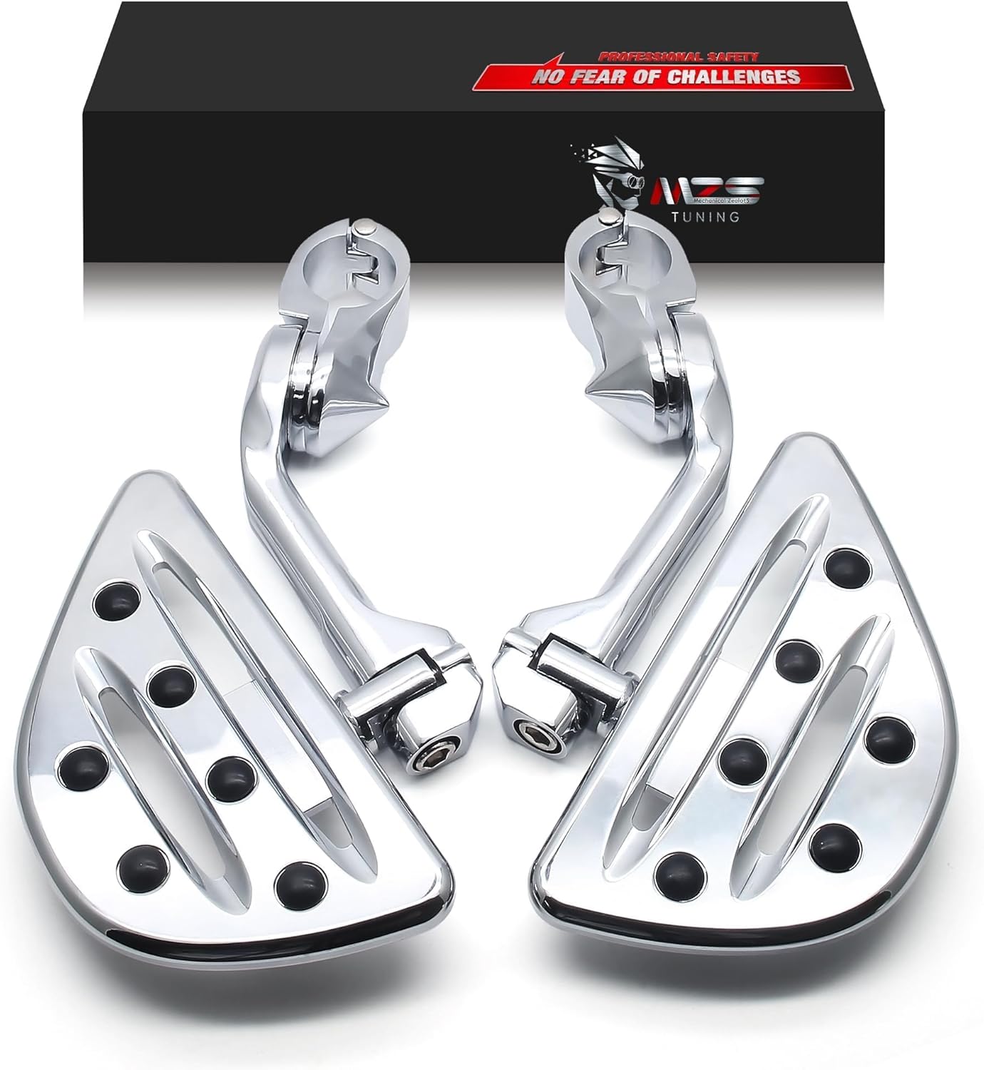 MZS Motorcycle Highway Pegs, 1.25" Long Angled Adjustable Touring Wide Foot Peg Mount Chrome Compatible with Softail Sportster Electra Road Glide Road King Street Glide for 1 1/4 Engine Guards Bar