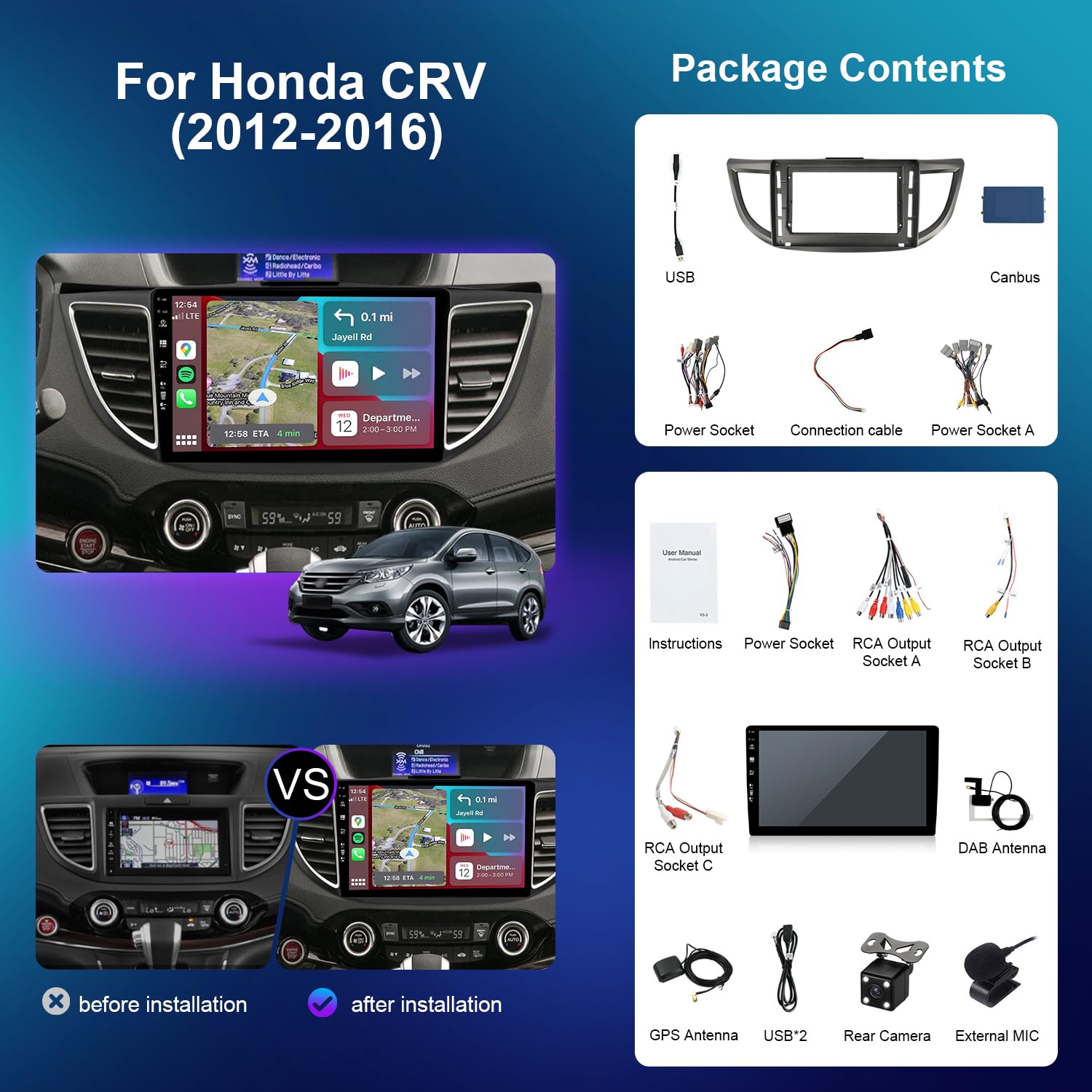 Android 16 – [wbudowany DAB] – radio samochodowe IPS do Honda CRV (2012-2016) – bezprzewodowy Carplay/Android Auto – 4G + 64 G – kamera + mikrofon – 10,1 cala 2 DIN – sterowanie kierownicą DSP