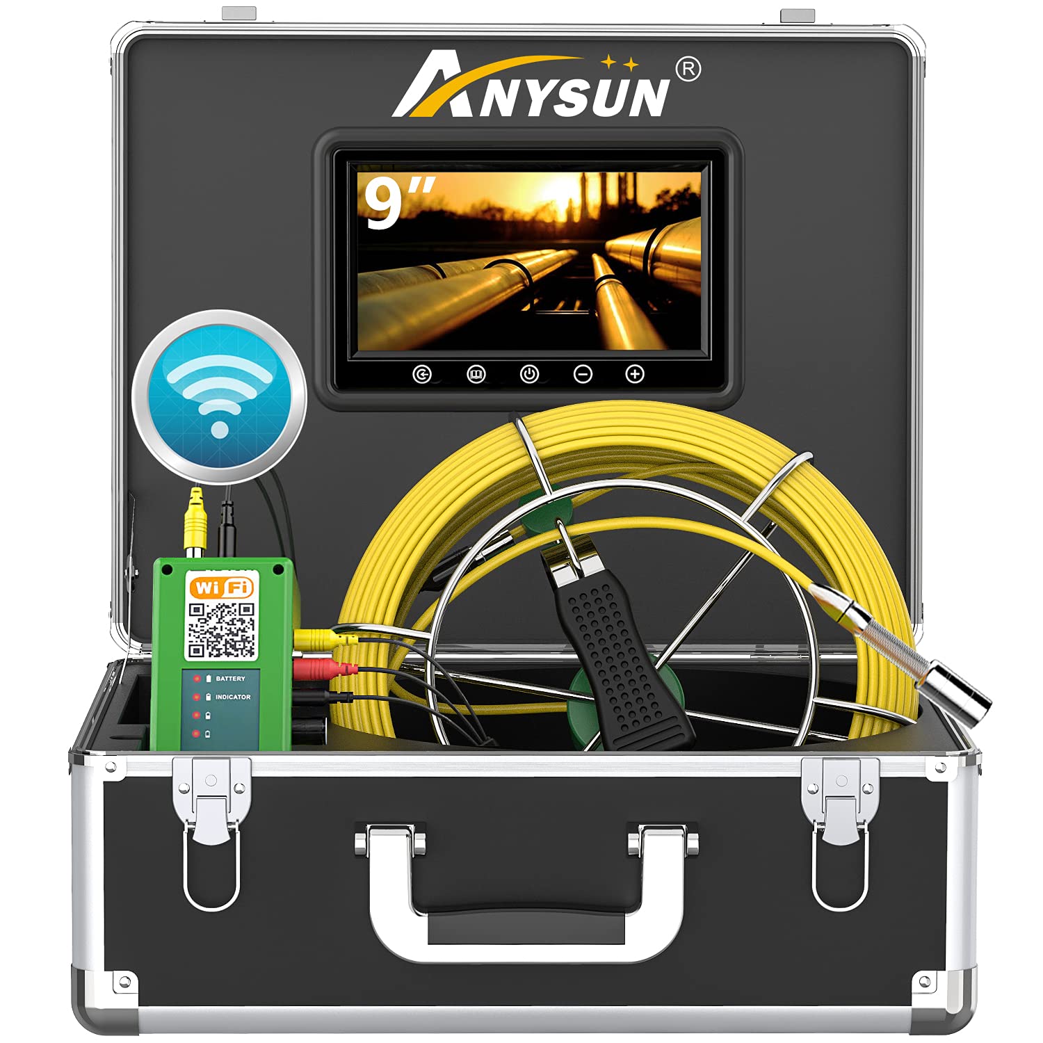 Wireless Sewer Inspection Camera 30M, 9 inch HD Color Monitor 1000TVL TFT Cam, WiFi Snake Endoscope 