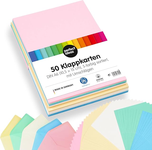 perfect ideaz 50 tarjetas plegables de colores DIN A6 con sobres (11 x 15,5 cm), elaboradas de forma sostenible en Alemania, tarjeta doble en 5 colores pastel, set en blanco, para manualidades