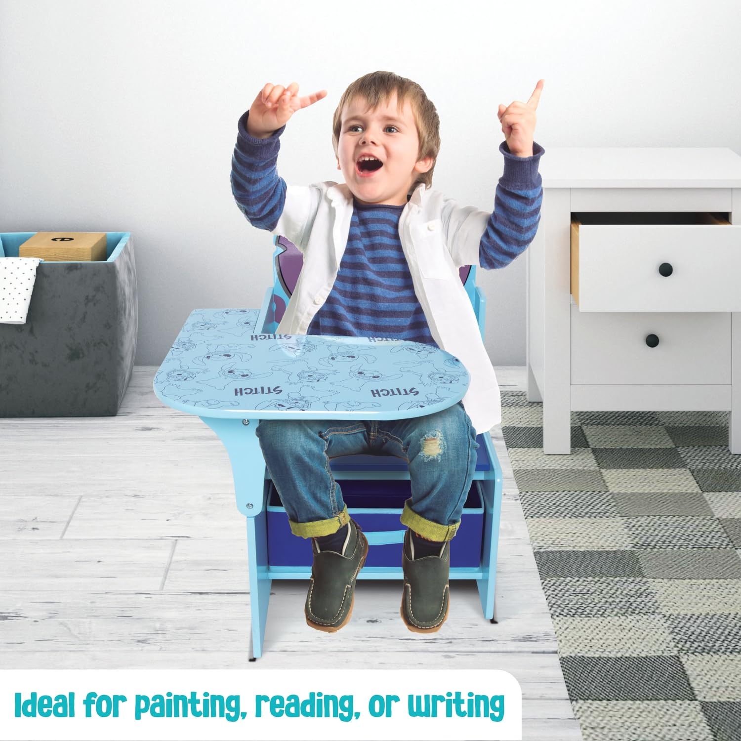 ARDITEX - Sedia-Banco infantile in legno con contenitore in tessuto di Stitch di Disney - 62x30x60cm - Colore Blu - Ideale per attività creative, studio o gioco.