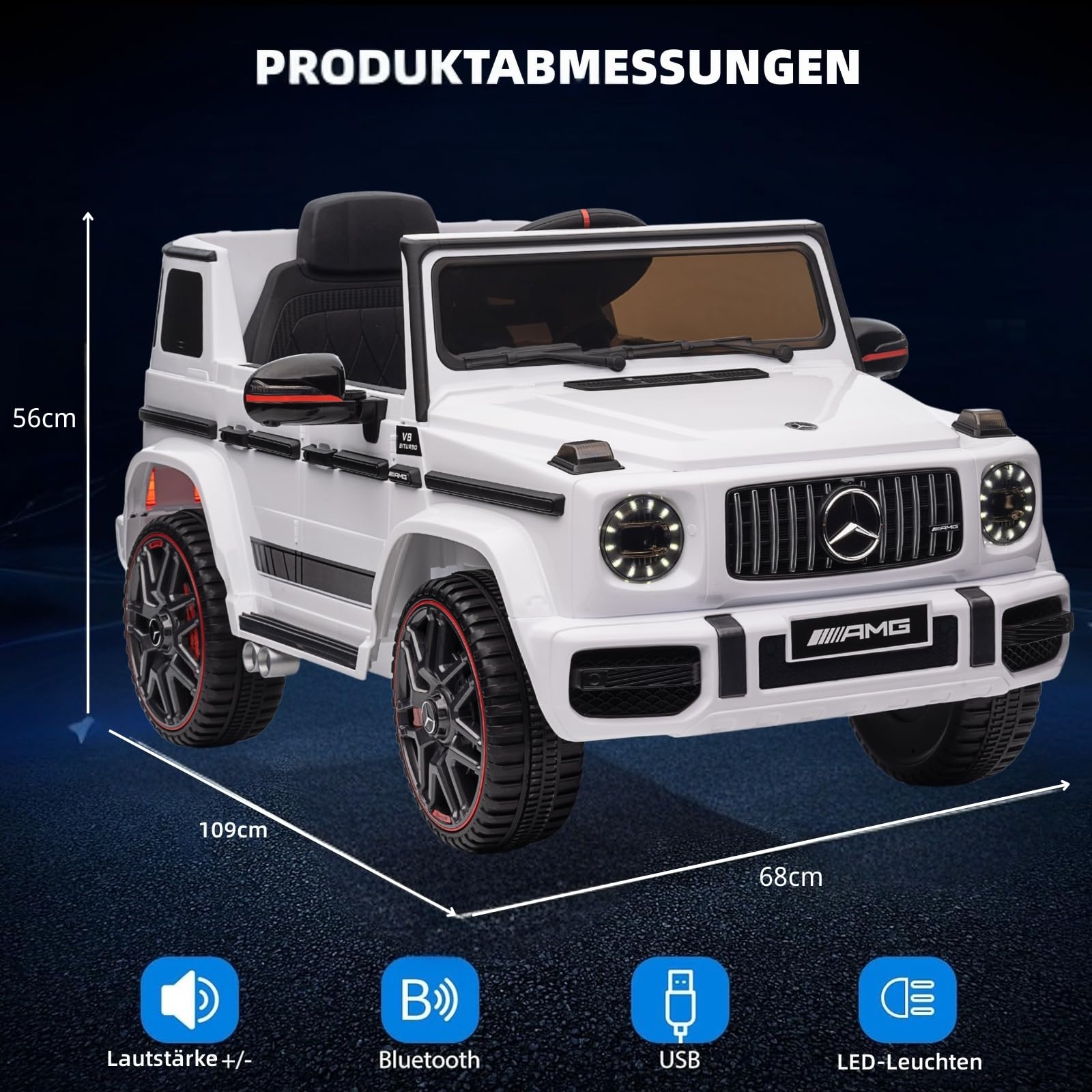 LEADZM Kinder Elektroauto Mercedes G63, 4 stoßdämpfende Räder, 12V 7ah, Fernbedienung, Kinderauto Kinderfahrzeug (Blanc)