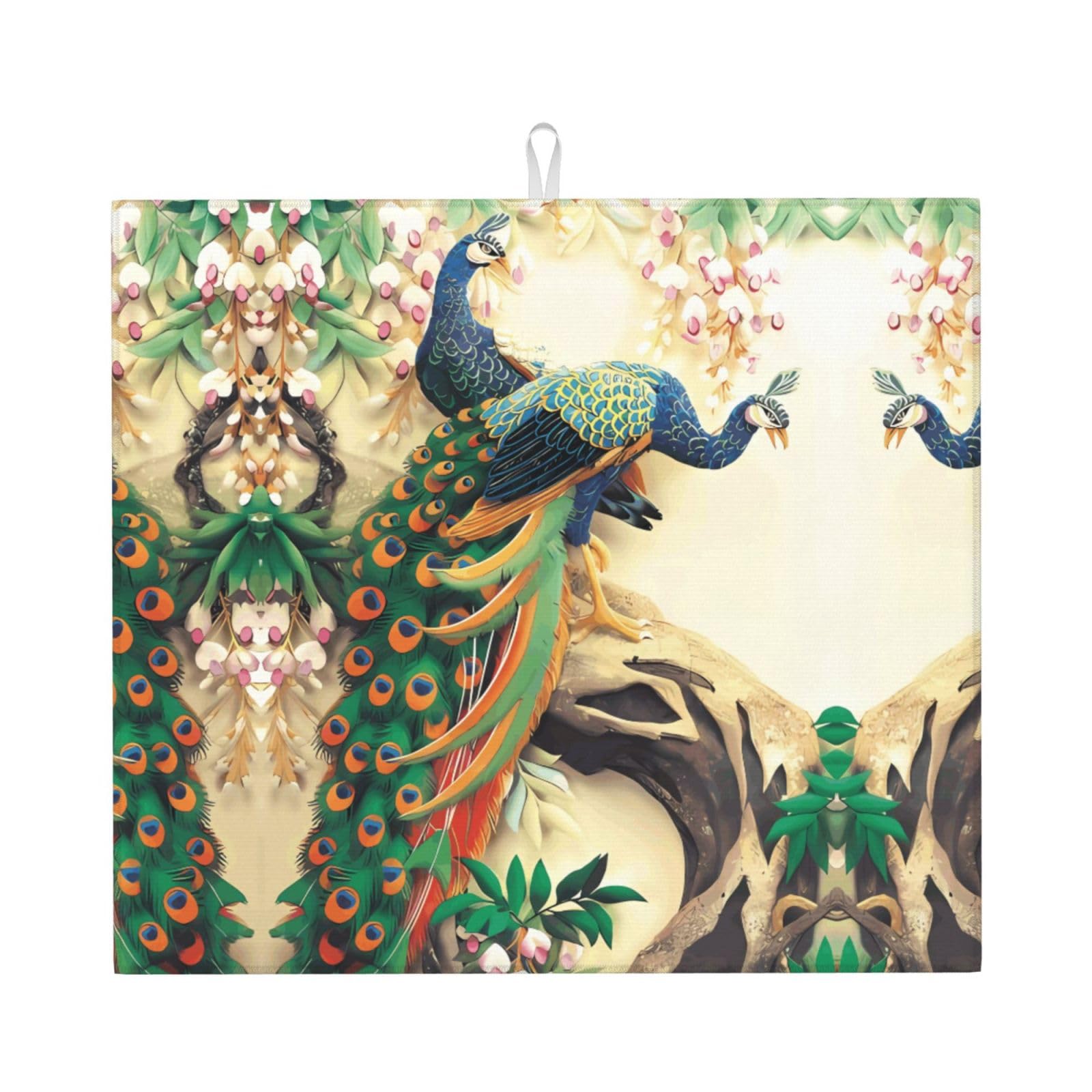 WHJSSF Oriental Peacock on Flower Tree Prints Kitchen Drying Mat – Absorbent Dish Throw for Countertops, Quick-Dry Non-Slip Layer with Stylish Prints, Ideal Housewarming Gift