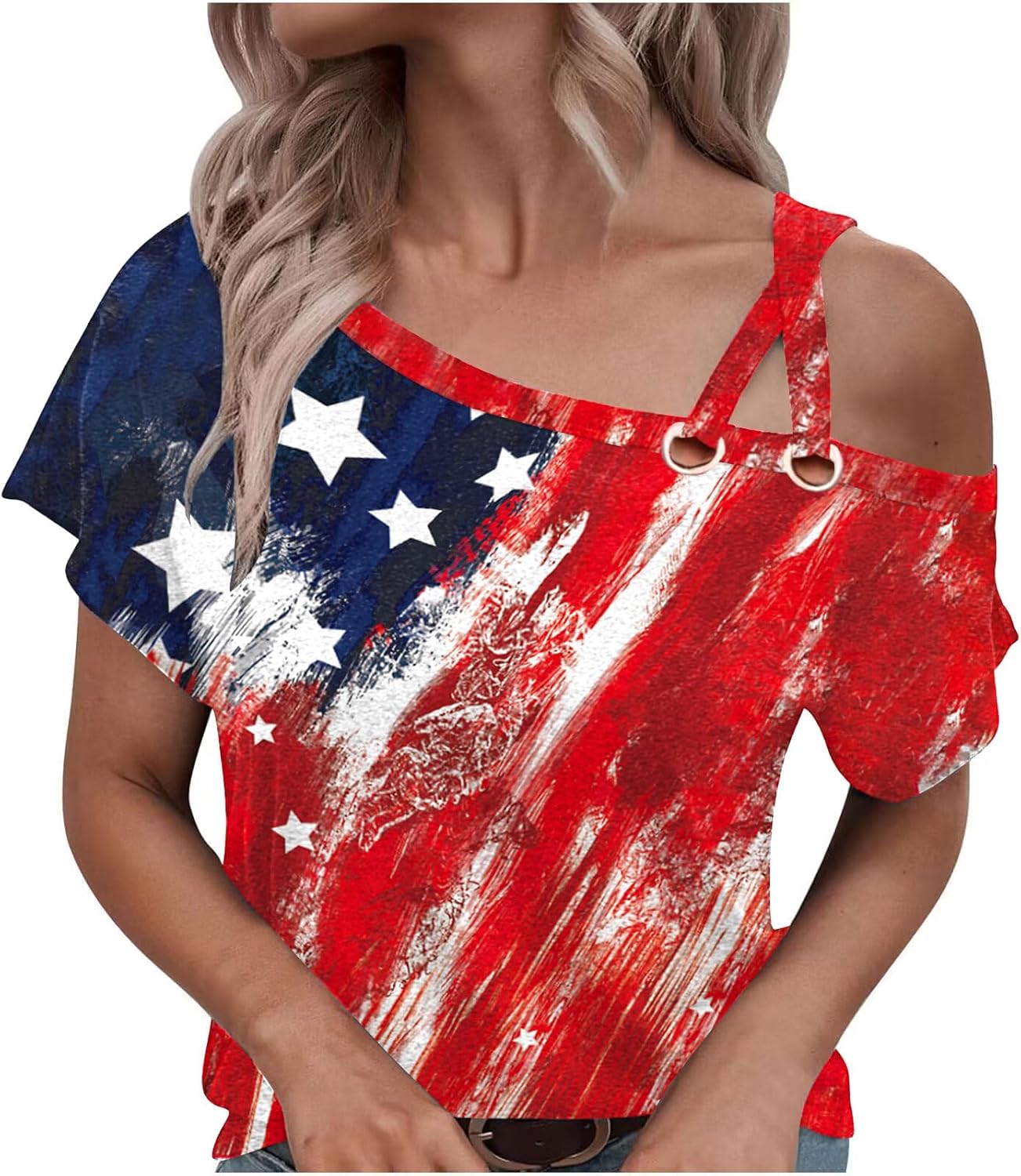 Womens Summer Trendy Cold Shoulder Short Sleeve T Shirts Criss Cross Casual Loose Tunic Shirts Tops Blouses - Image 4