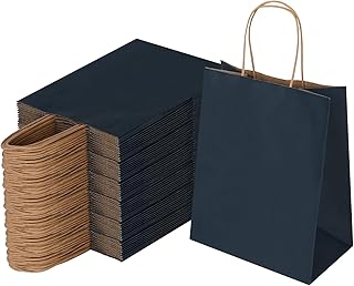 Joybe 100 Pack 8x4.75x10 Inch Medium Navy Blue Kraft Paper Bags with Handles Bulk, Craft Paper Gift Bags for Party Favors Retail Shopping Business Goody Merchandise Take Out Blank Sacks (100pcs)