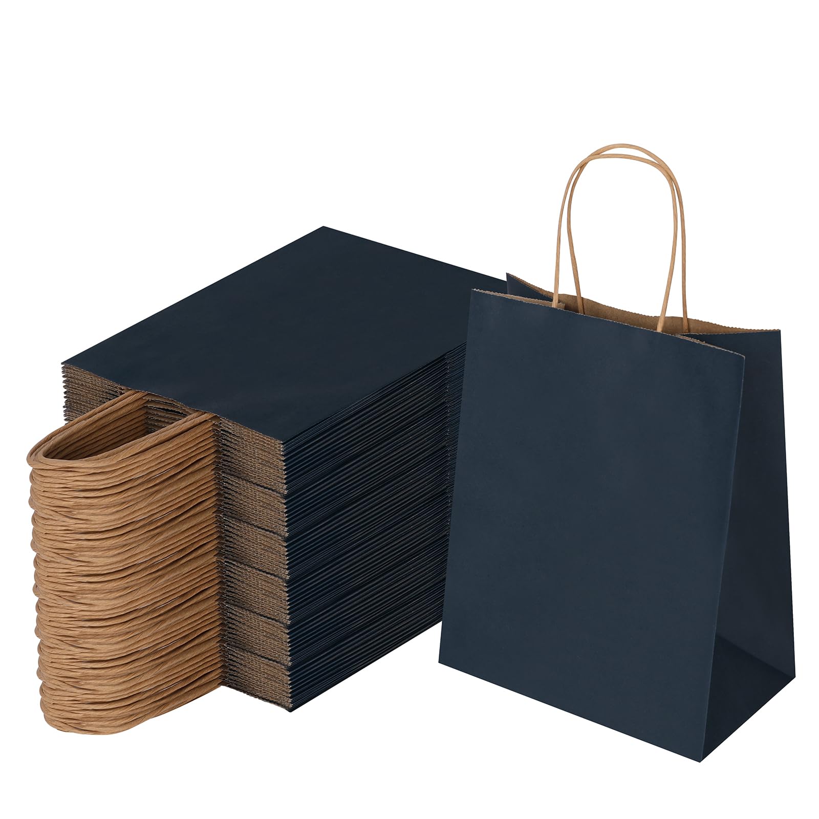 Photo 1 of Joybe 100 Pack 8x4.75x10 Inch Medium Navy Blue Kraft Paper Bags with Handles Bulk, Craft Paper Gift Bags for Party Favors Retail Shopping Business Goody Merchandise Take Out Blank Sacks (100pcs)