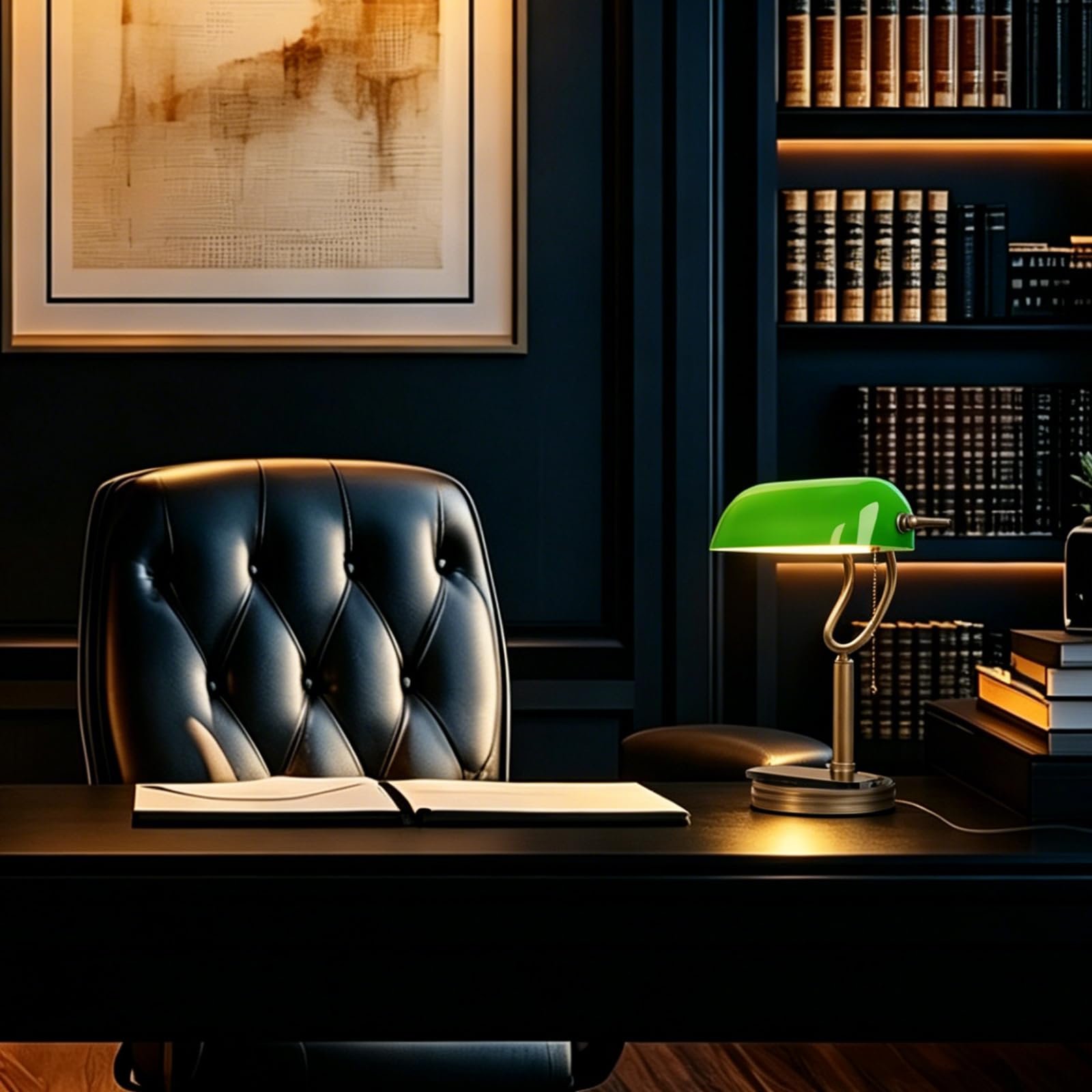 Banker-Tischlampe mit grünem Glasschirm, Retro-Stil mit USB-Anschluss und kabelloser Ladefunktion, messingfarbener Zugschalter, geeignet für Schlafzimmer, Arbeitszimmer und Büro