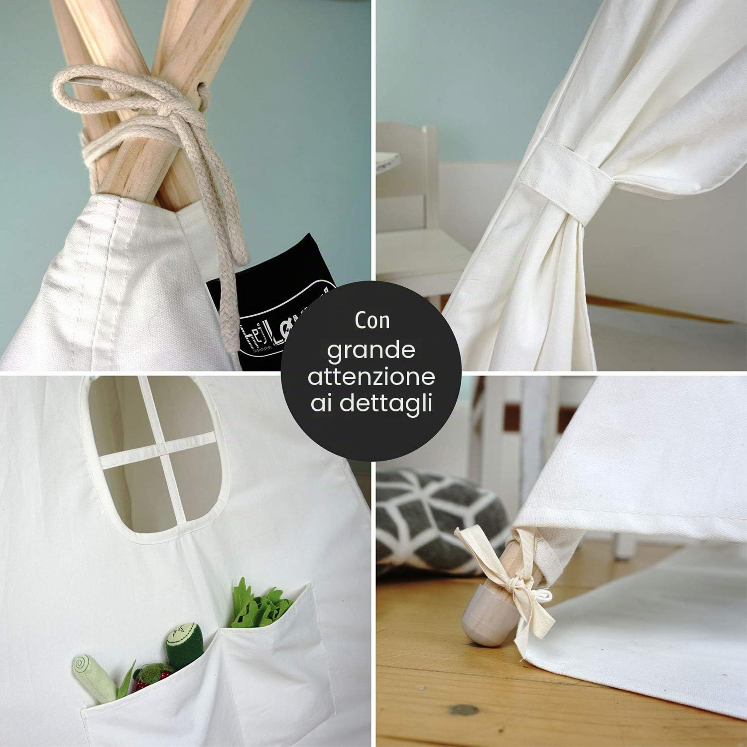 HEJ LØNNE Tenda Tipi Indiana Bambini Beige Naturale con Tappetino Finestra 120x120x150cm Cotone Legno Pino per Cameretta Giardino Interno Esterno con Borsa