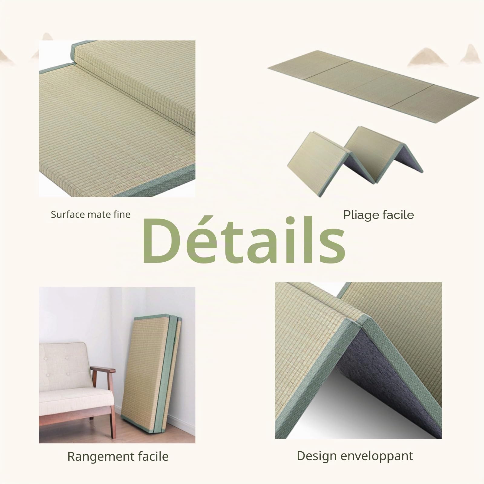 Tatami Matelas Japonais Pliable Naturel Jonc Herbe (Non Teint),Pliant Rotin Tatami Tapis,Antidérapant et Imperméable,4 Plis Méditation Yoga Zen (Size:90×200×3.5cm)