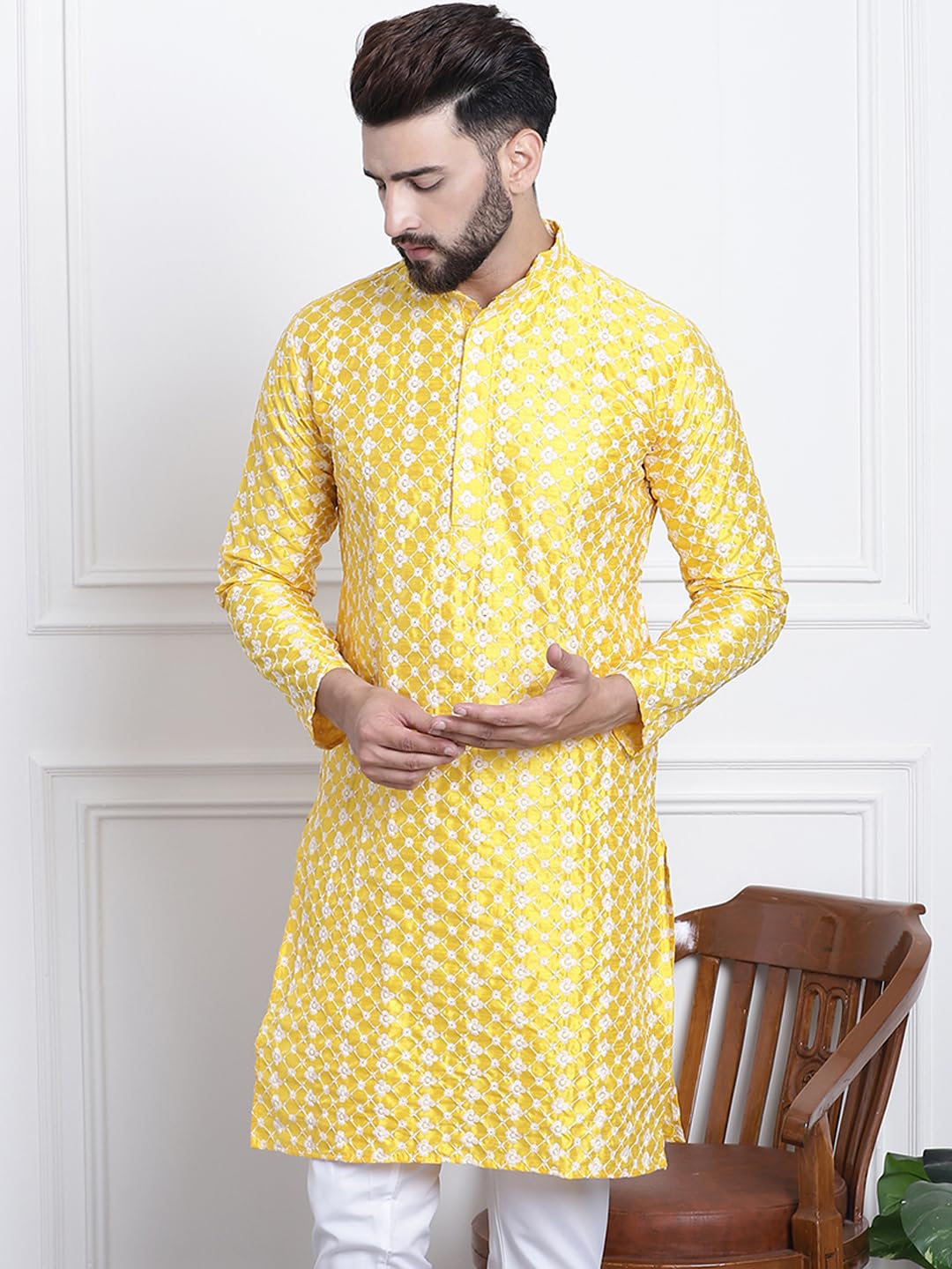 Sojanya (Since 1958 Men's Silk Blend Yellow Embroidered Only Long Kurta