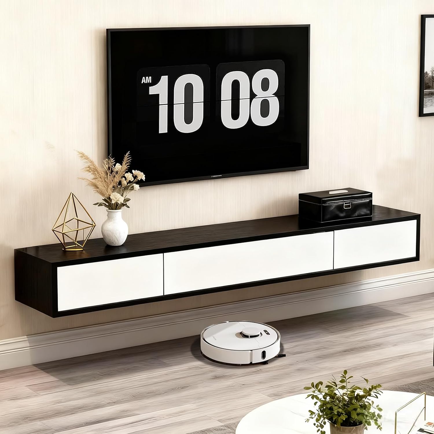 Floating TV Stand Wall Mounted with Doors, 63'' TV Shelf for TV up to 70'' TV, Wood Media Under floating Tv Console TV Cabinet with Storage Console, Entertainment Center for Living Room, Bedroom