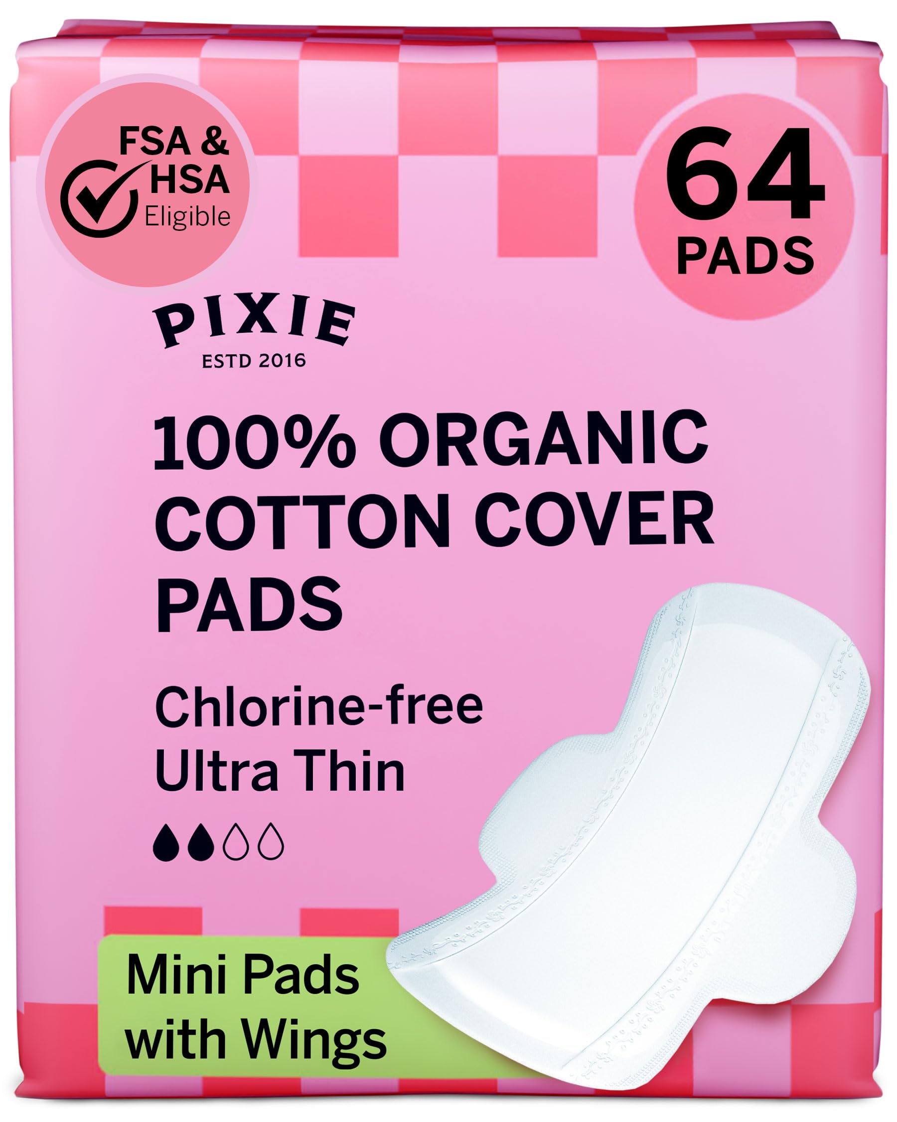 Pixie Organic Cotton Ultra Thin Mini Pads for Teens - Liners with Wings - Light Absorbency Menstrual Pads - Hypoallergenic, Unscented & Biodegradable