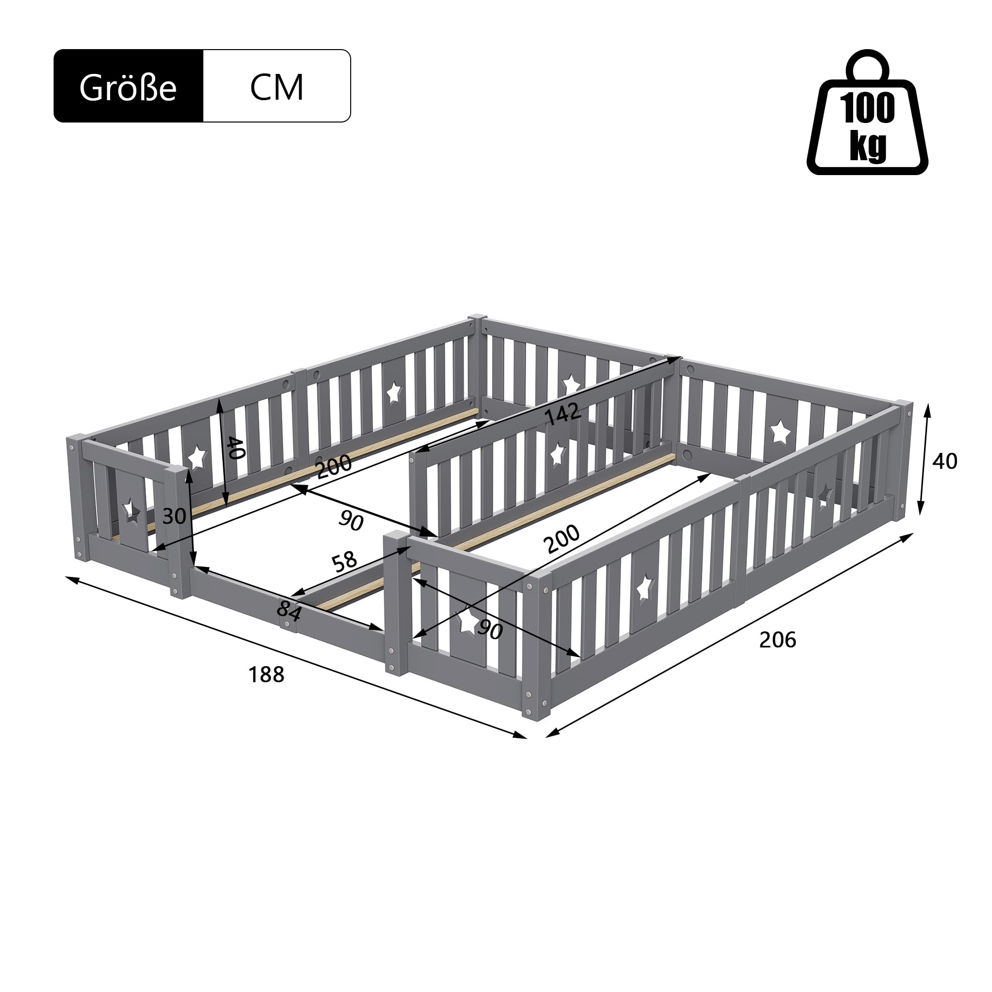 Letto Montessori Doppio 2x90x200 in Legno Massello, Letto Bambini con Sponde di Sicurezza, Letto a Terra per Cameretta, Letto Bambini Montessori, senza Rete a Doghe, Grigio