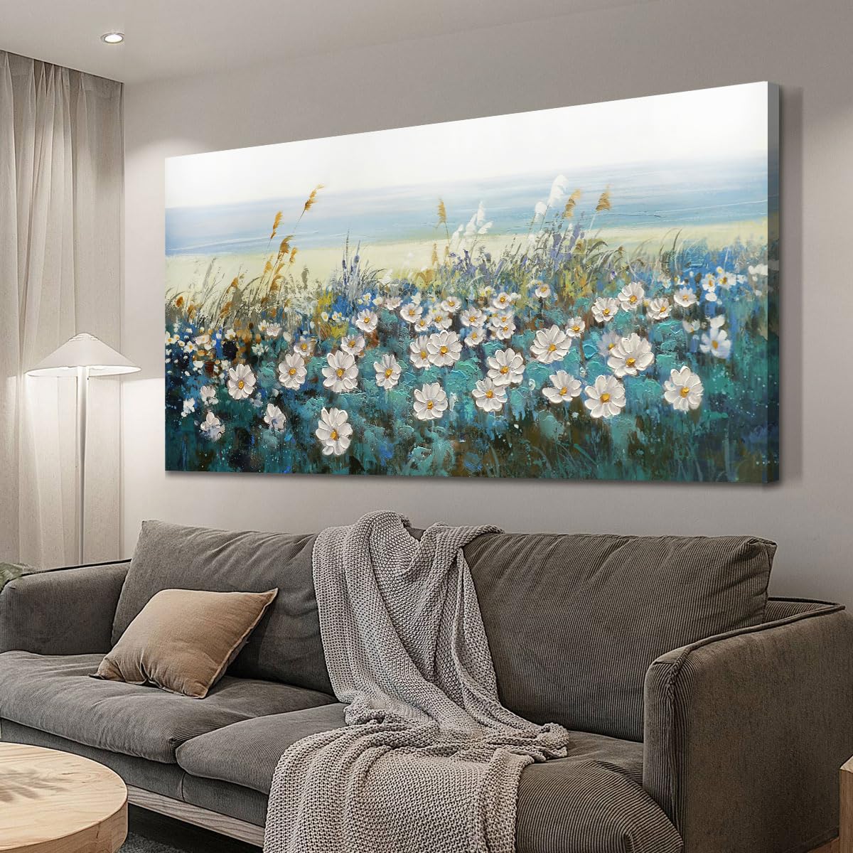Arjun Flowers Wall Art on Canvas White Daisy Floral Painting Blue Coastal Landscape Painting Modern Large Framed Artwork for Living Room Bedroom Bathroom Dining Room Office Home Wall Decor 40"x20"