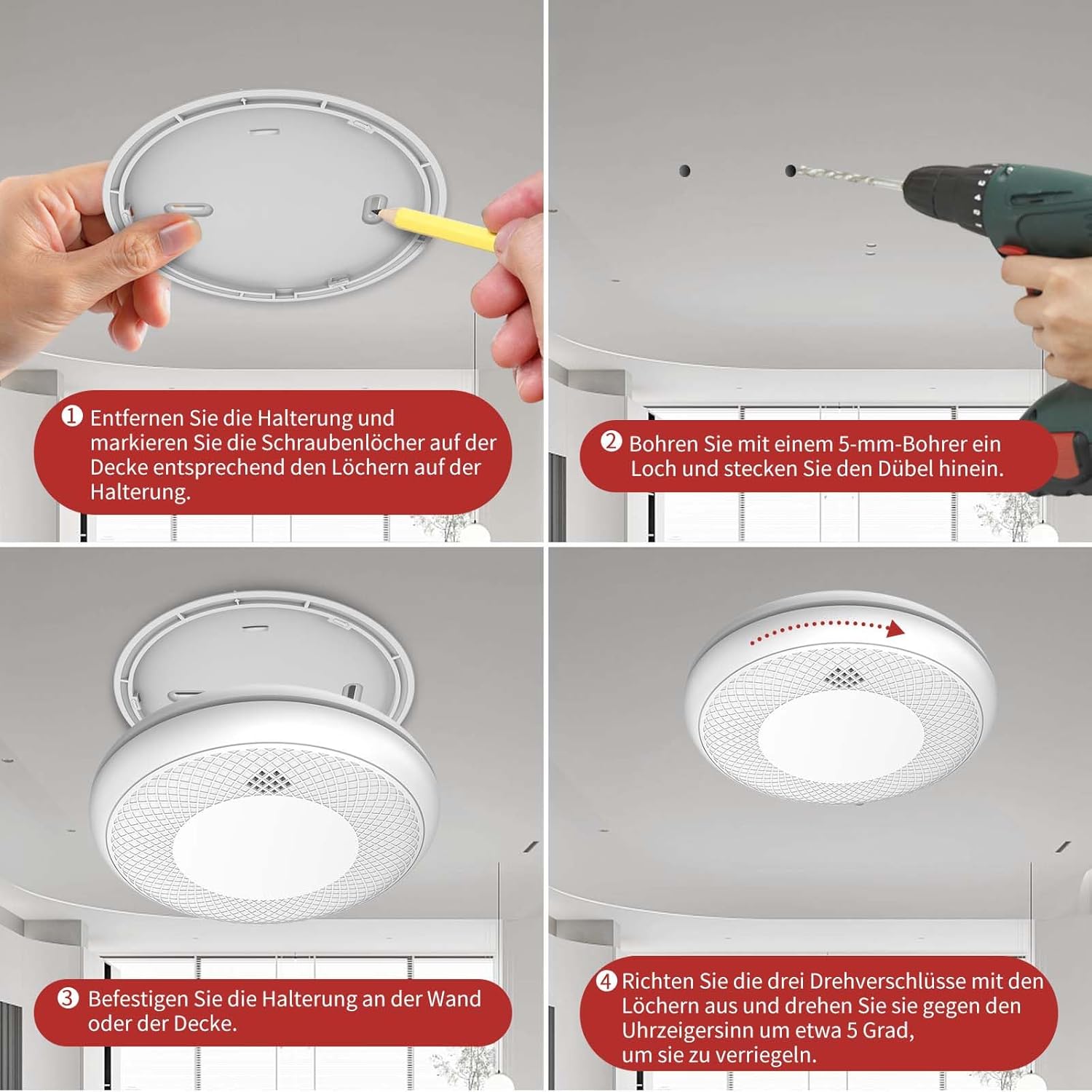 Four-step visual guide for installing the Runidur CS12 detector on a ceiling.
