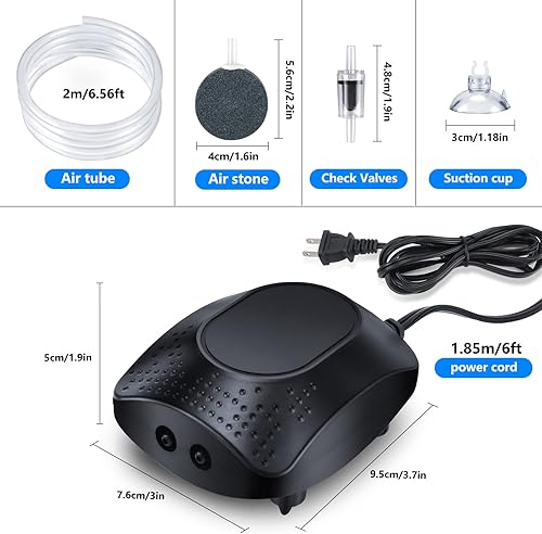 Miniatura 2 de Bomba de aire para acuario con dos salidas, bomba aireadora de oxígeno silenciosa ajustable, burbujeador de pecera con kit de accesorios para