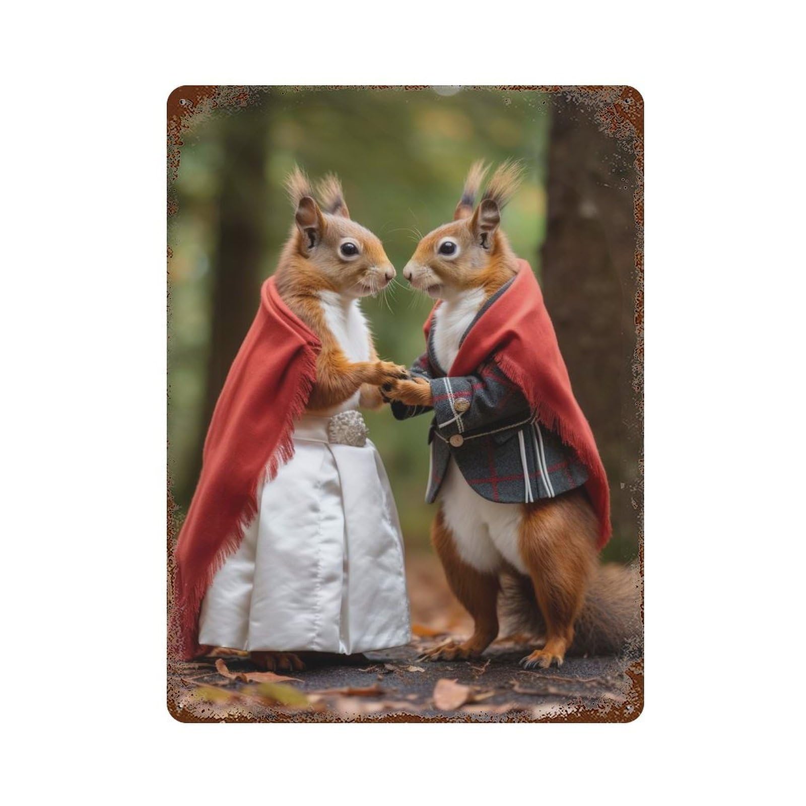 Distressed Metal Wall Sign with Red Squirrel Wedding Design 15.7"x11.8", for Living Room, Hallway And Home Decor, Vintage Wall Decor