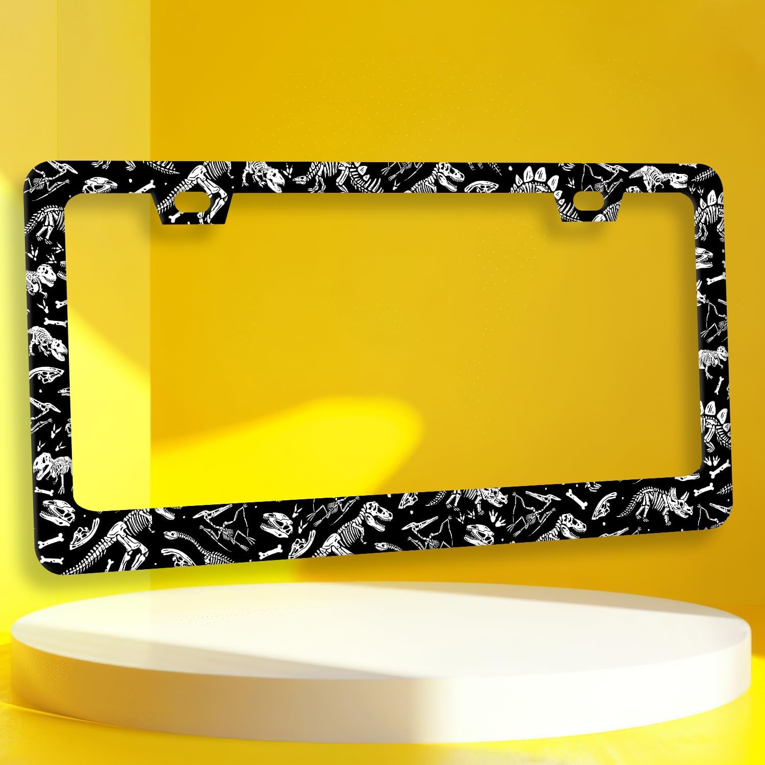 2Pack Black and White Dinosaur Bones License Plate Frame Personalized Animals Skull License Plate Holder for Front or Rear Car Tags Stainless Steel Car Decoration with Screws 6.2 X 12.2 inch